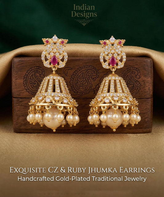 Gold Plated Pearl jhumka earrings| Ad stone Bridal jhumka earrings| South Indian wedding Jhumka Jhumki earrings| AmericanDiamond earrings