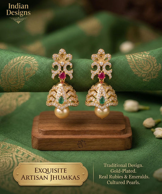 CZ Fashion Jewelry Ethnic Pearl Jhumka Earrings|American Diamond Clear CZ Fashion Jewelry|South Indian Earrings|Artificial Jewelry