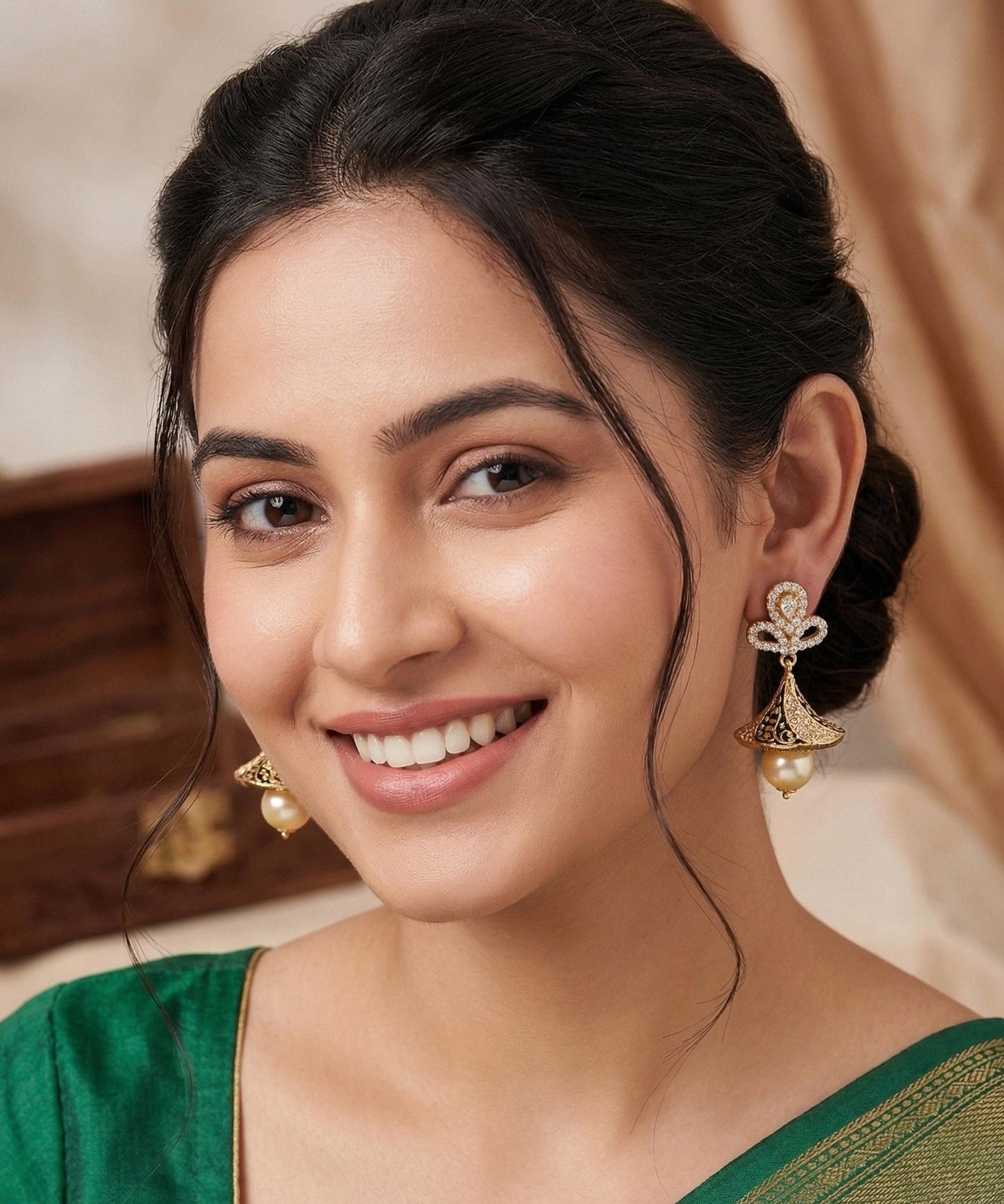 CZ Fashion Jewelry Ethnic Pearl Jhumka Earrings|American Diamond Clear CZ Fashion Jewelry|South Indian Earrings|Artificial Jewelry