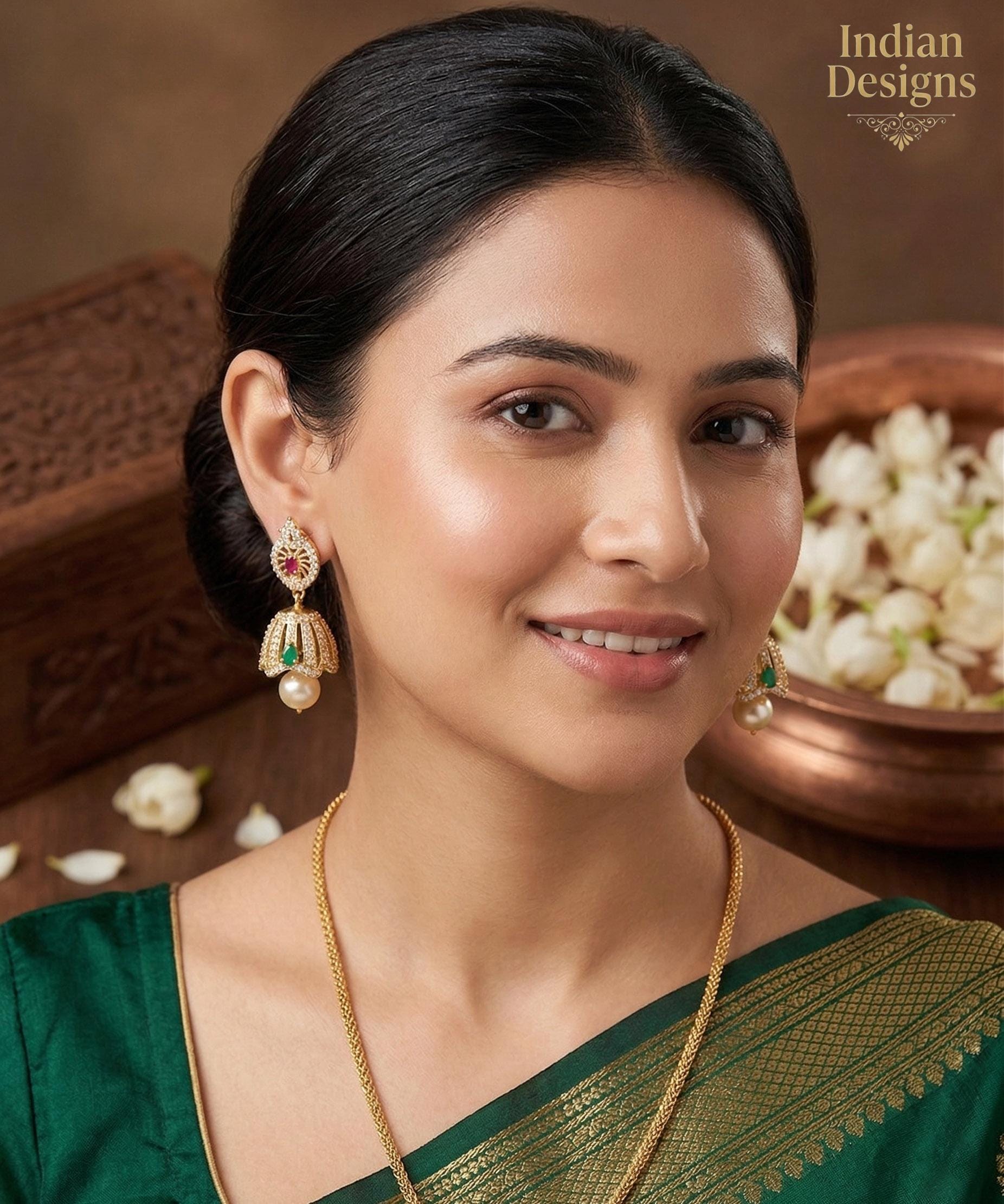 CZ Fashion Jewelry Ethnic Pearl Jhumka Earrings|American Diamond Clear CZ Fashion Jewelry|South Indian Earrings|Artificial Jewelry