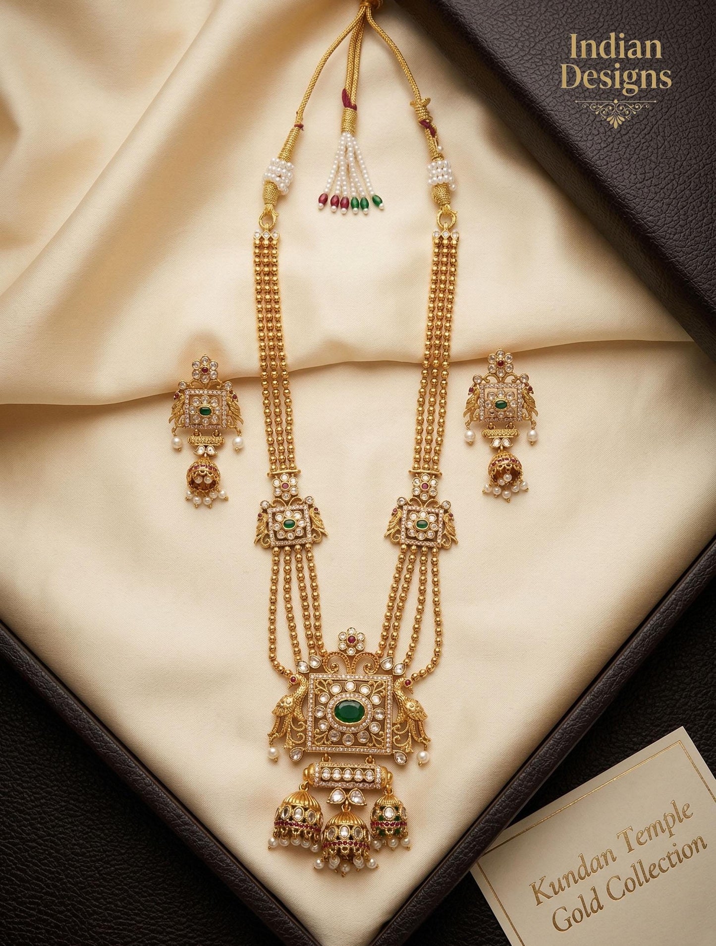 Temple Style Gold Tone Necklace with Earrings| South Indian Bridal Jewelry| Antique Finish Long Haram| Ruby Green Stone Pendant| Gift set