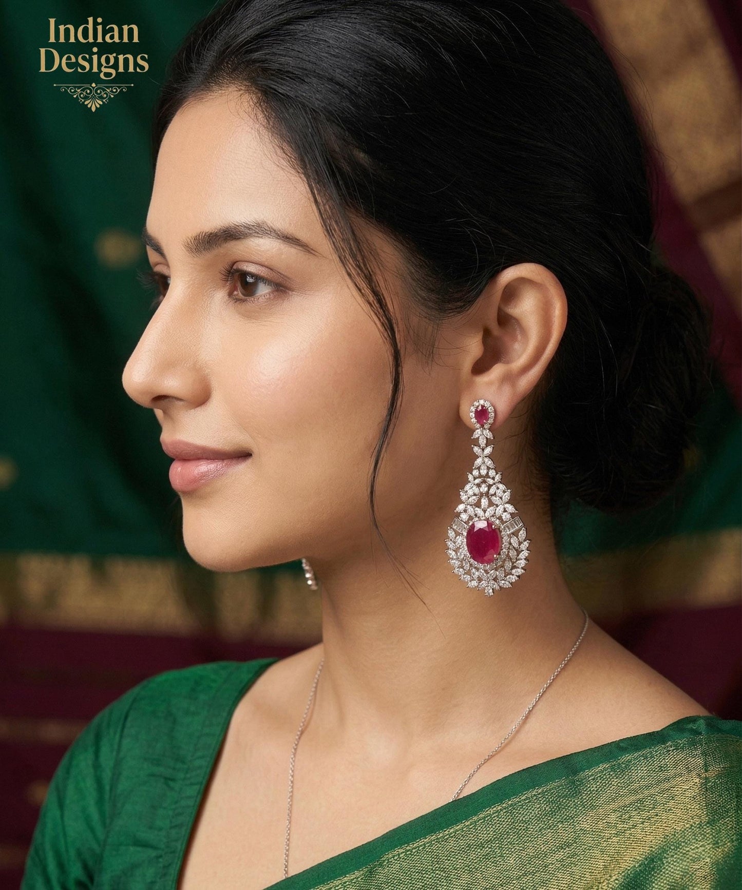 American Diamond Ruby stone Long Earrings| Indian Earrings| Silver Plated AD Stone Dangler Earrings| Statement Earrings| Wedding Earrings