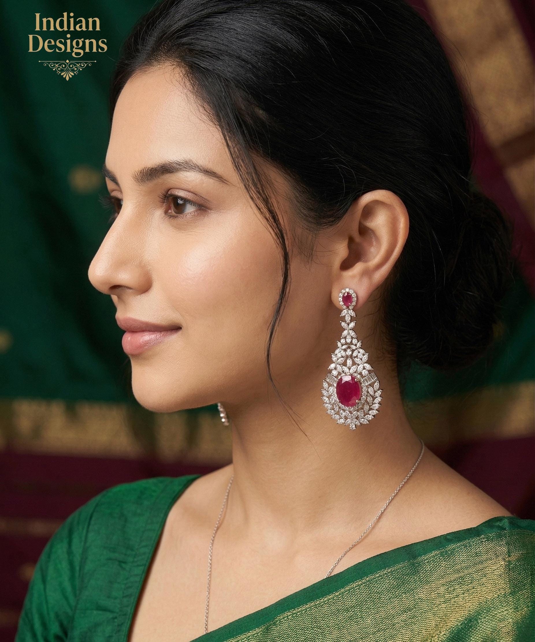 American Diamond Ruby stone Long Earrings| Indian Earrings| Silver Plated AD Stone Dangler Earrings| Statement Earrings| Wedding Earrings