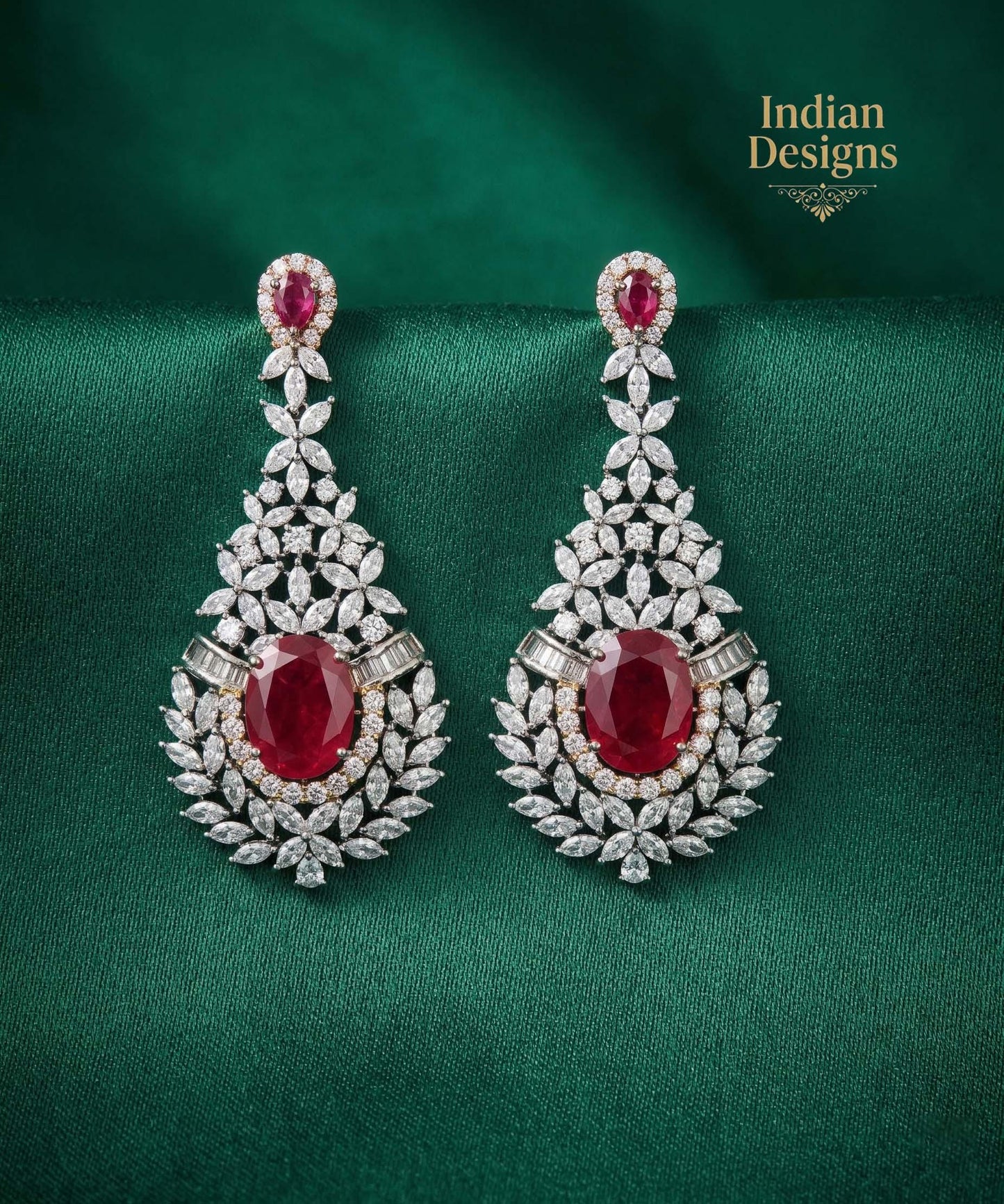 American Diamond Ruby stone Long Earrings| Indian Earrings| Silver Plated AD Stone Dangler Earrings| Statement Earrings| Wedding Earrings