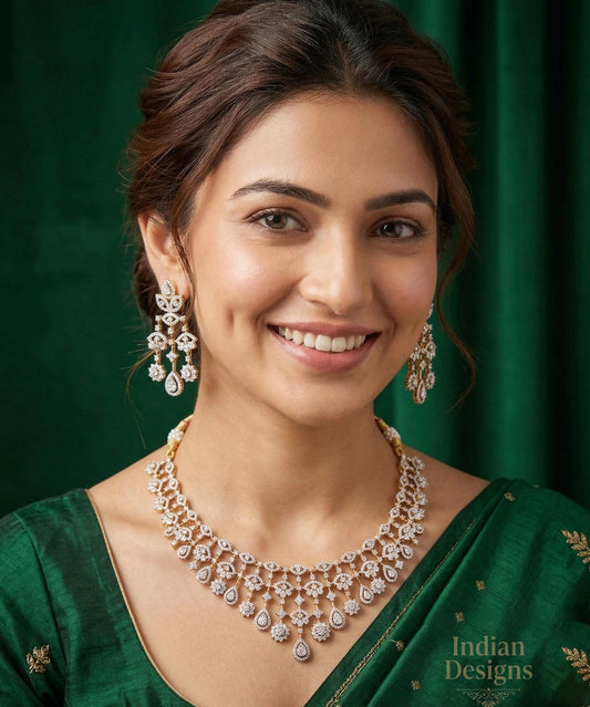 Luxury AD Necklace Set with Earrings | CZ Choker Necklace | Bridal Wedding Jewelry | Gold Finish American Diamond Necklace| Gift for Her