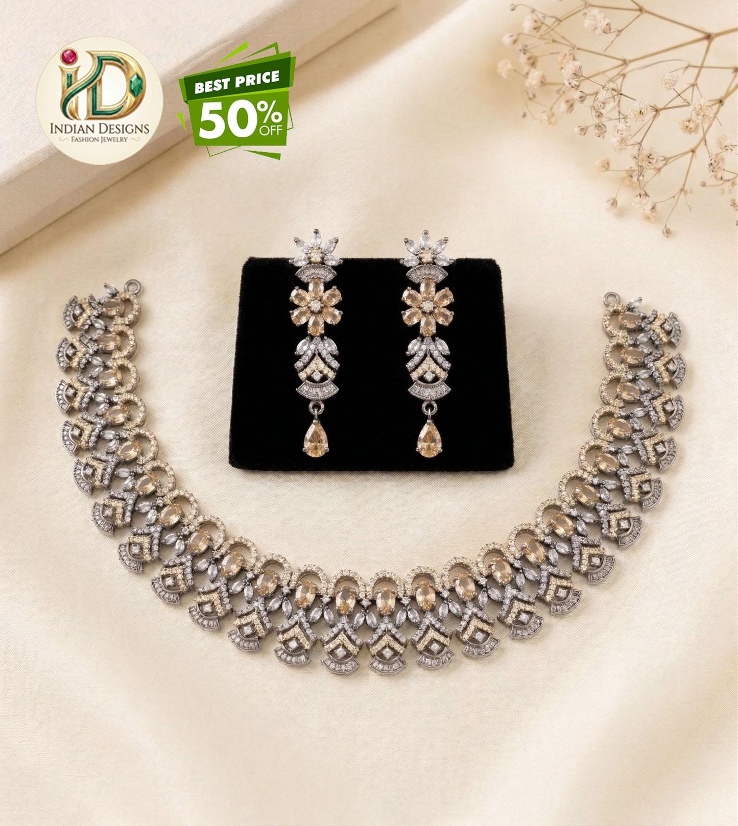 Black Rhodium Emerald Blue AD Necklace Set| CZ Topaz stone Indian Wedding Jewelry Set| Statement Choker Necklace Earrings| Bridal Jewelry