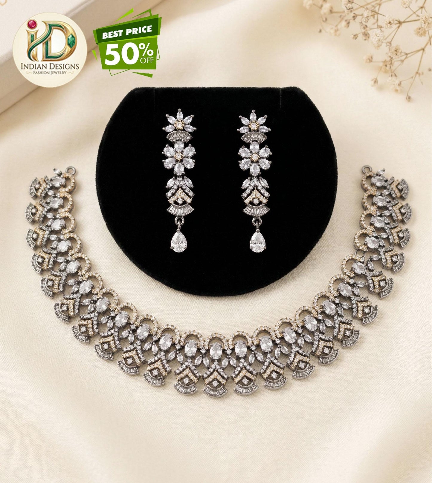 Black Rhodium Emerald Blue AD Necklace Set| CZ Topaz stone Indian Wedding Jewelry Set| Statement Choker Necklace Earrings| Bridal Jewelry
