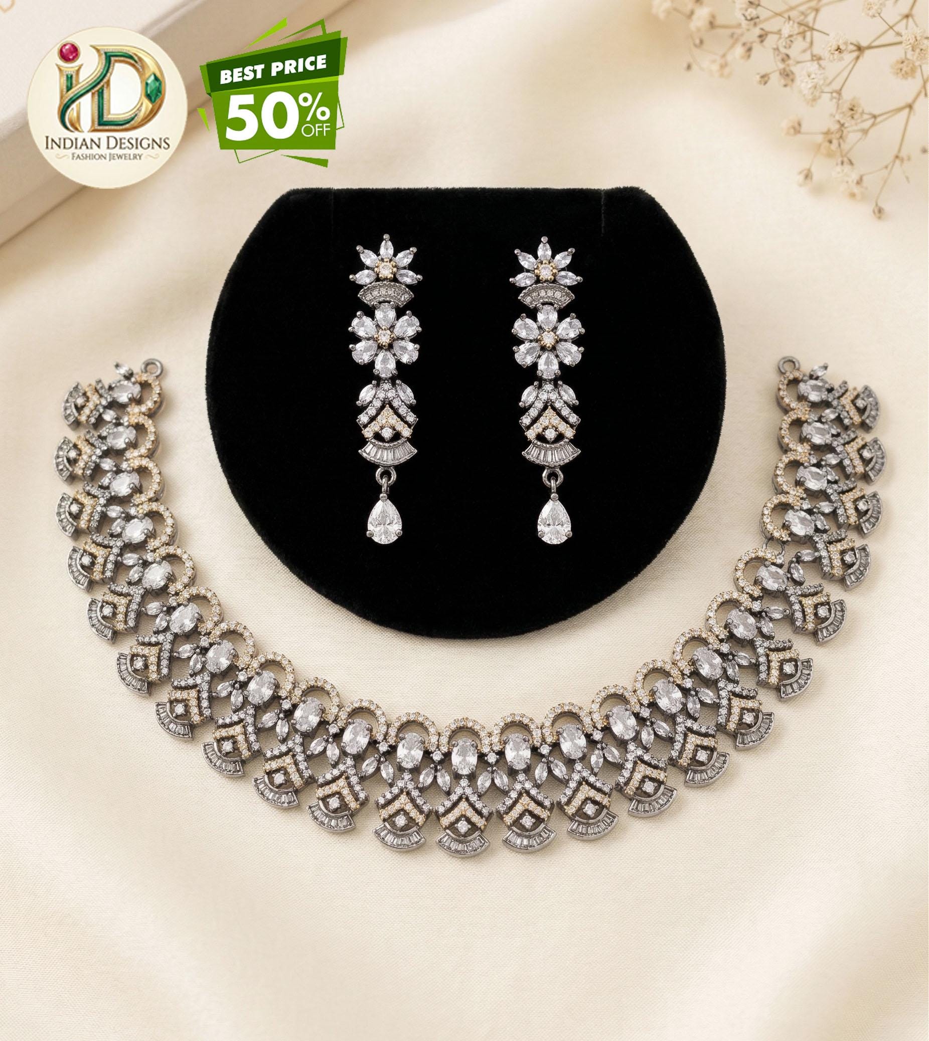 Black Rhodium Emerald Blue AD Necklace Set| CZ Topaz stone Indian Wedding Jewelry Set| Statement Choker Necklace Earrings| Bridal Jewelry