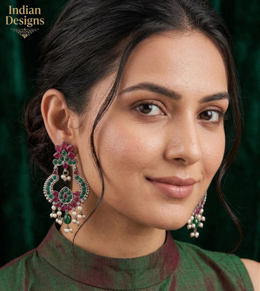 Oxidized silver chandbali earrings |light weight german silver chandbali earrings |indian bollywood fashion dangle earrings with pearl drops