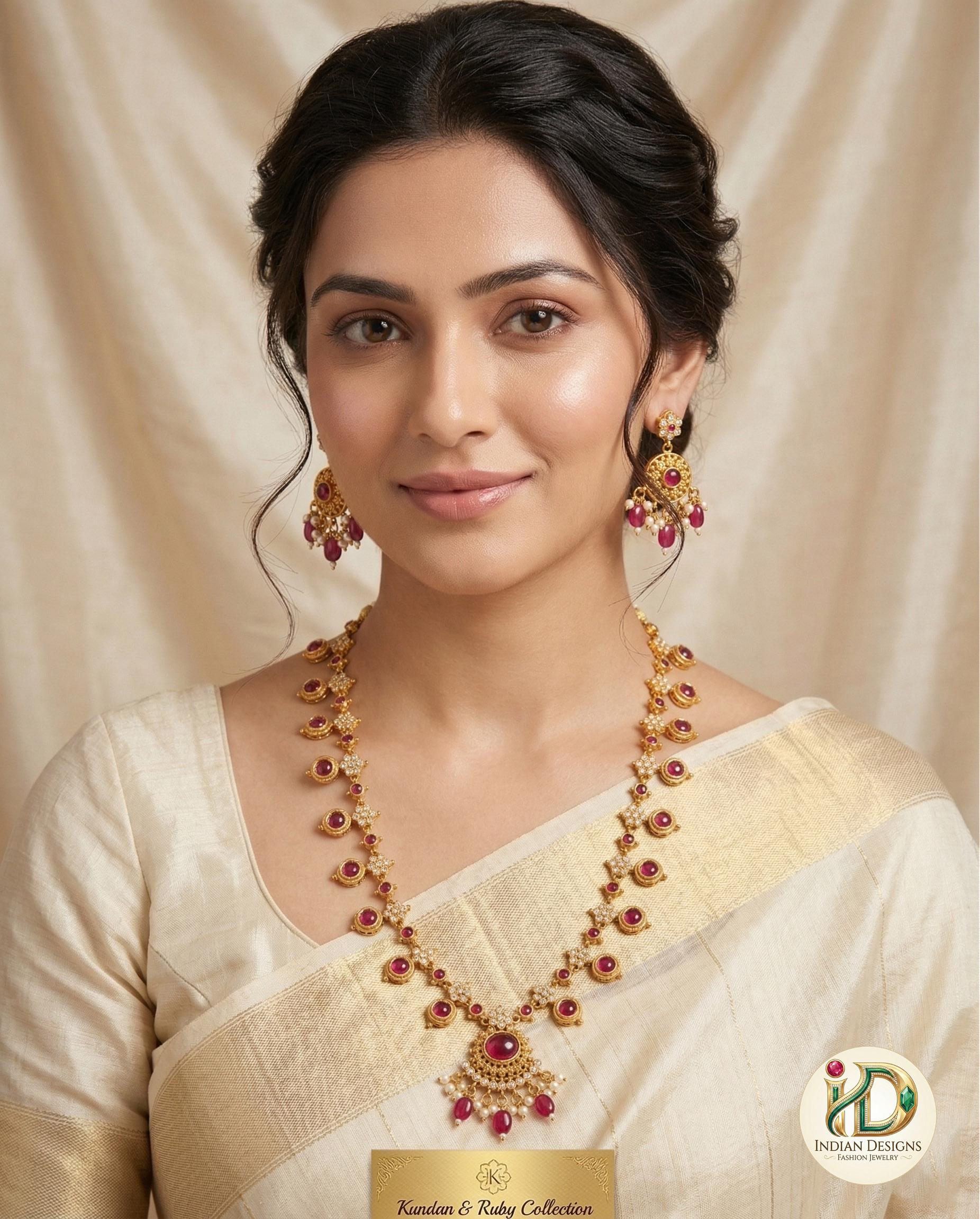 Matte Gold Kemp Necklace Set with Earrings| Traditional South Indian Temple Jewelry for Women| Ruby & Emerald Guttapusalu Haram|Gift for her