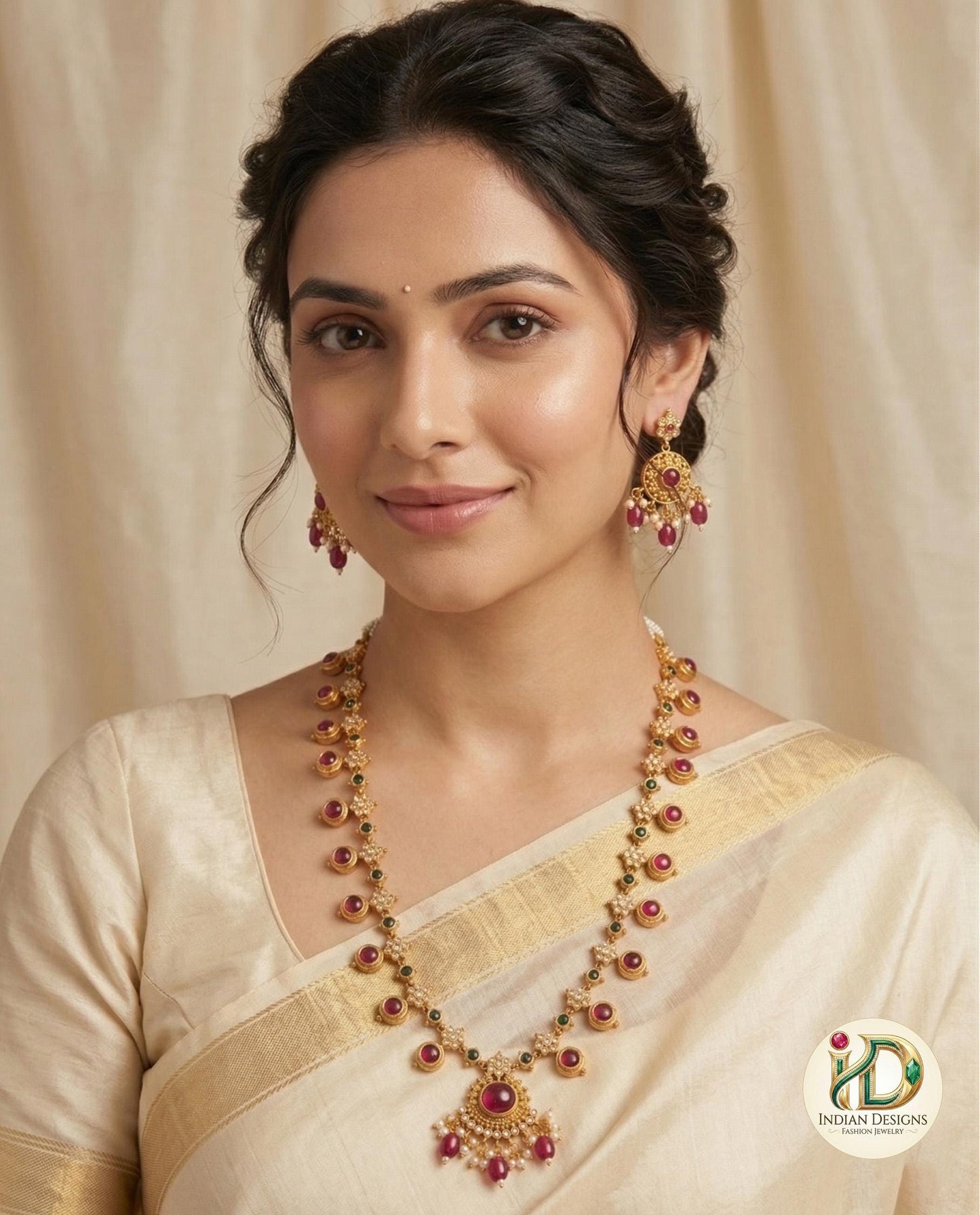 Matte Gold Kemp Necklace Set with Earrings| Traditional South Indian Temple Jewelry for Women| Ruby & Emerald Guttapusalu Haram|Gift for her