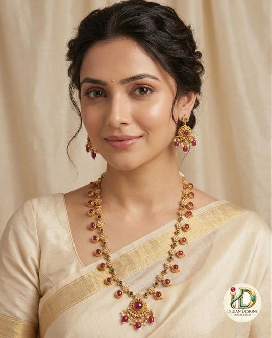 Matte Gold Kemp Necklace Set with Earrings| Traditional South Indian Temple Jewelry for Women| Ruby & Emerald Guttapusalu Haram|Gift for her
