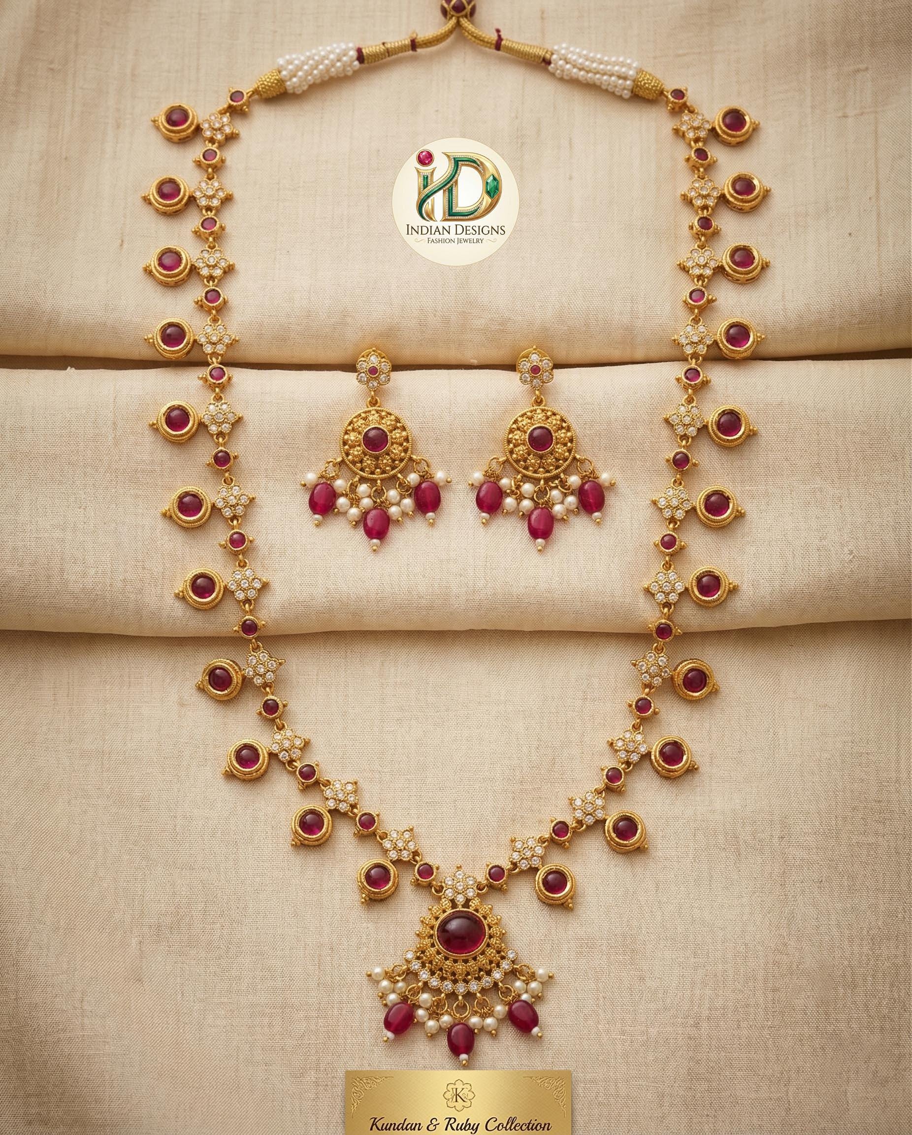 Matte Gold Kemp Necklace Set with Earrings| Traditional South Indian Temple Jewelry for Women| Ruby & Emerald Guttapusalu Haram|Gift for her
