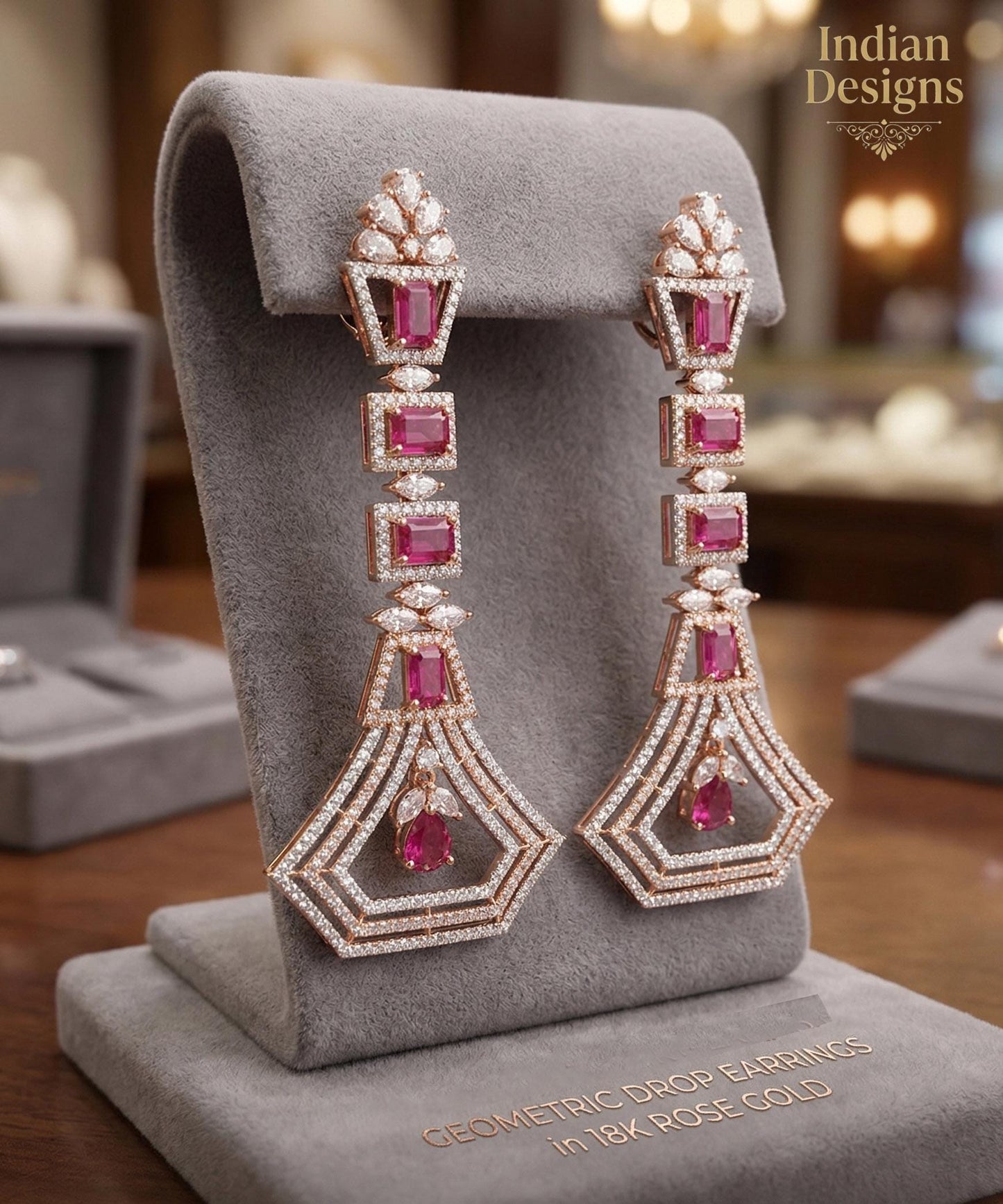Art Deco Geometric Drop Earrings in 18K Rose Gold Finish| Long Statement Dangle Earrings for wedding| Emerald Pink Sapphire Bridal Jewelry