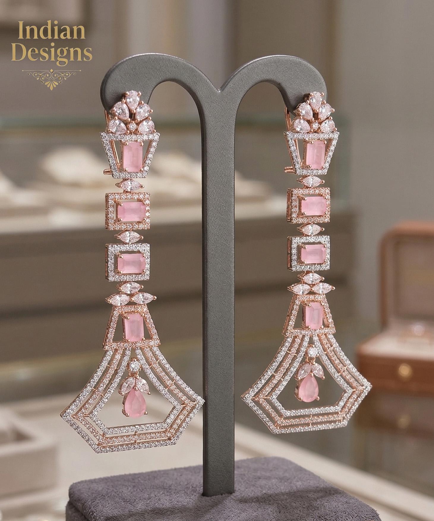 Art Deco Geometric Drop Earrings in 18K Rose Gold Finish| Long Statement Dangle Earrings for wedding| Emerald Pink Sapphire Bridal Jewelry