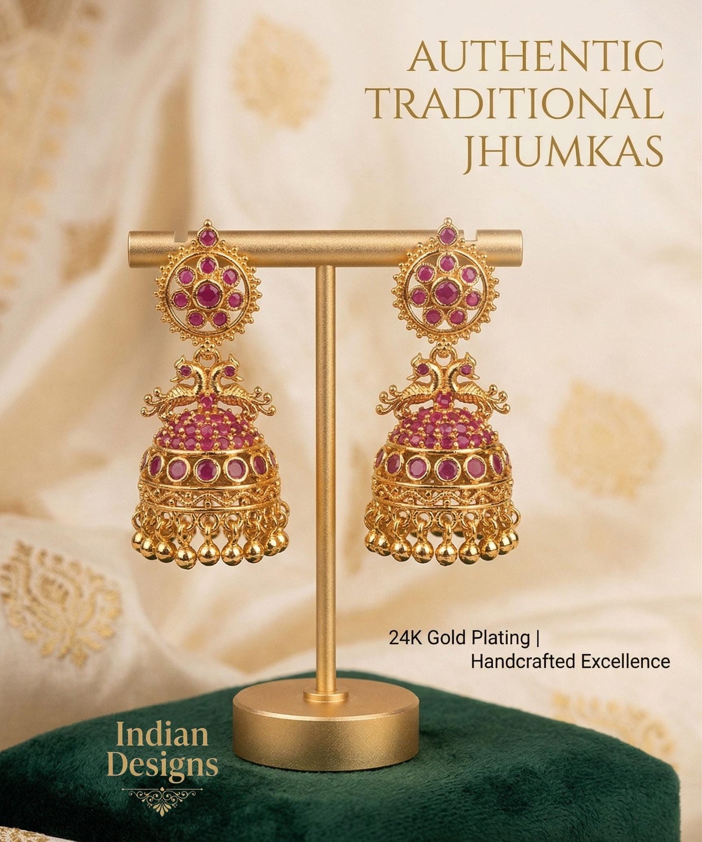 24K Gold Plated AD Jhumkas| Traditional South Indian Peacock jhumki| Ruby Emerald Temple Jewelry| Small Gold Jhumka Earrings| Gifts for Her