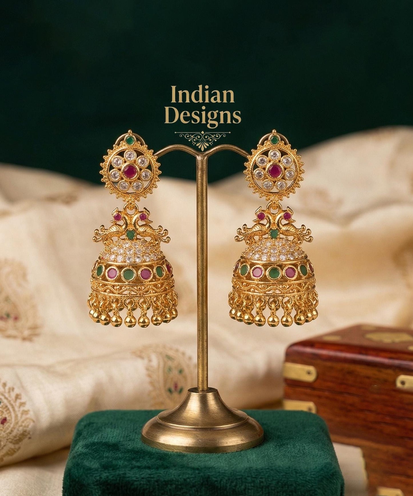 24K Gold Plated AD Jhumkas| Traditional South Indian Peacock jhumki| Ruby Emerald Temple Jewelry| Small Gold Jhumka Earrings| Gifts for Her