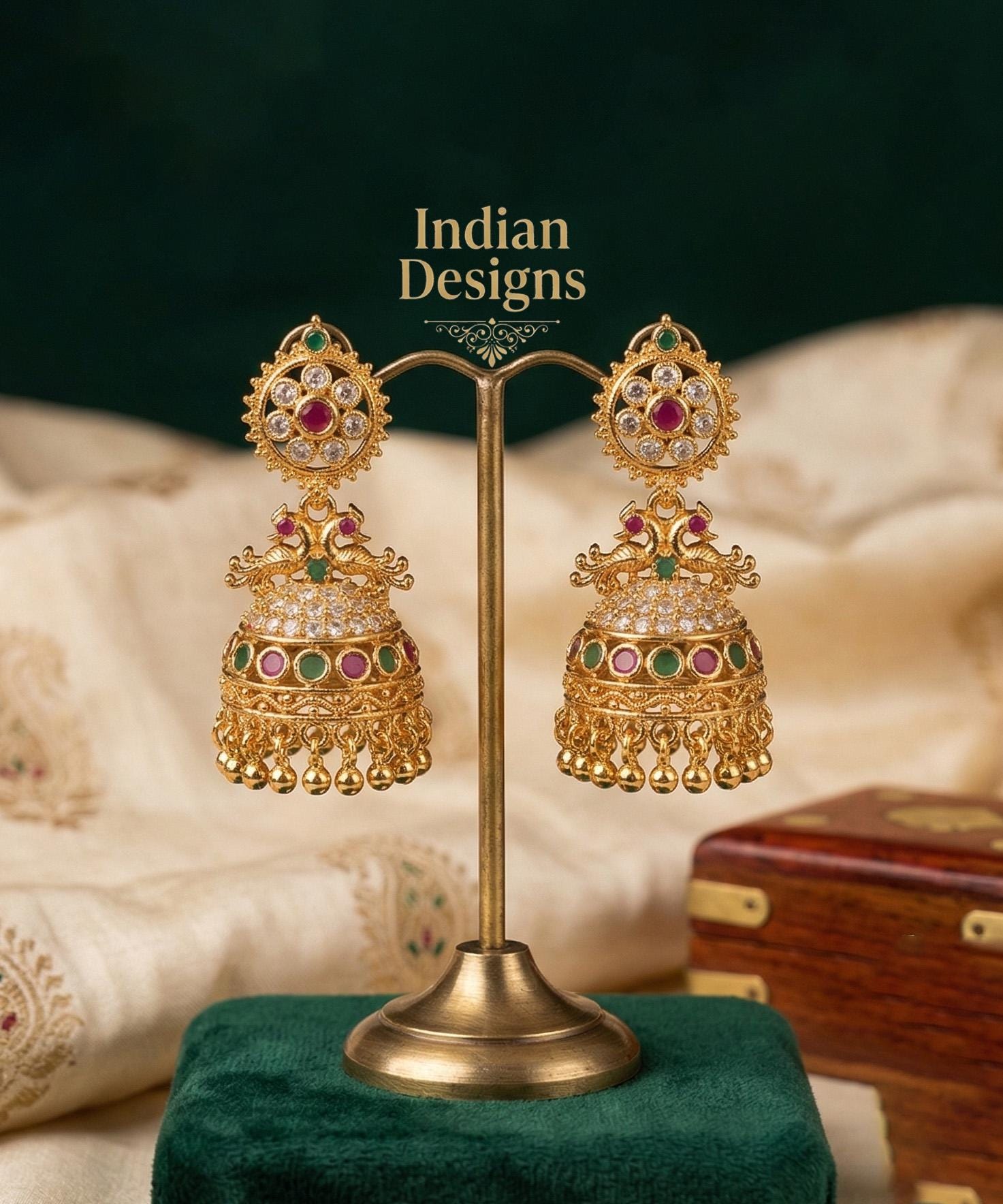 24K Gold Plated AD Jhumkas| Traditional South Indian Peacock jhumki| Ruby Emerald Temple Jewelry| Small Gold Jhumka Earrings| Gifts for Her