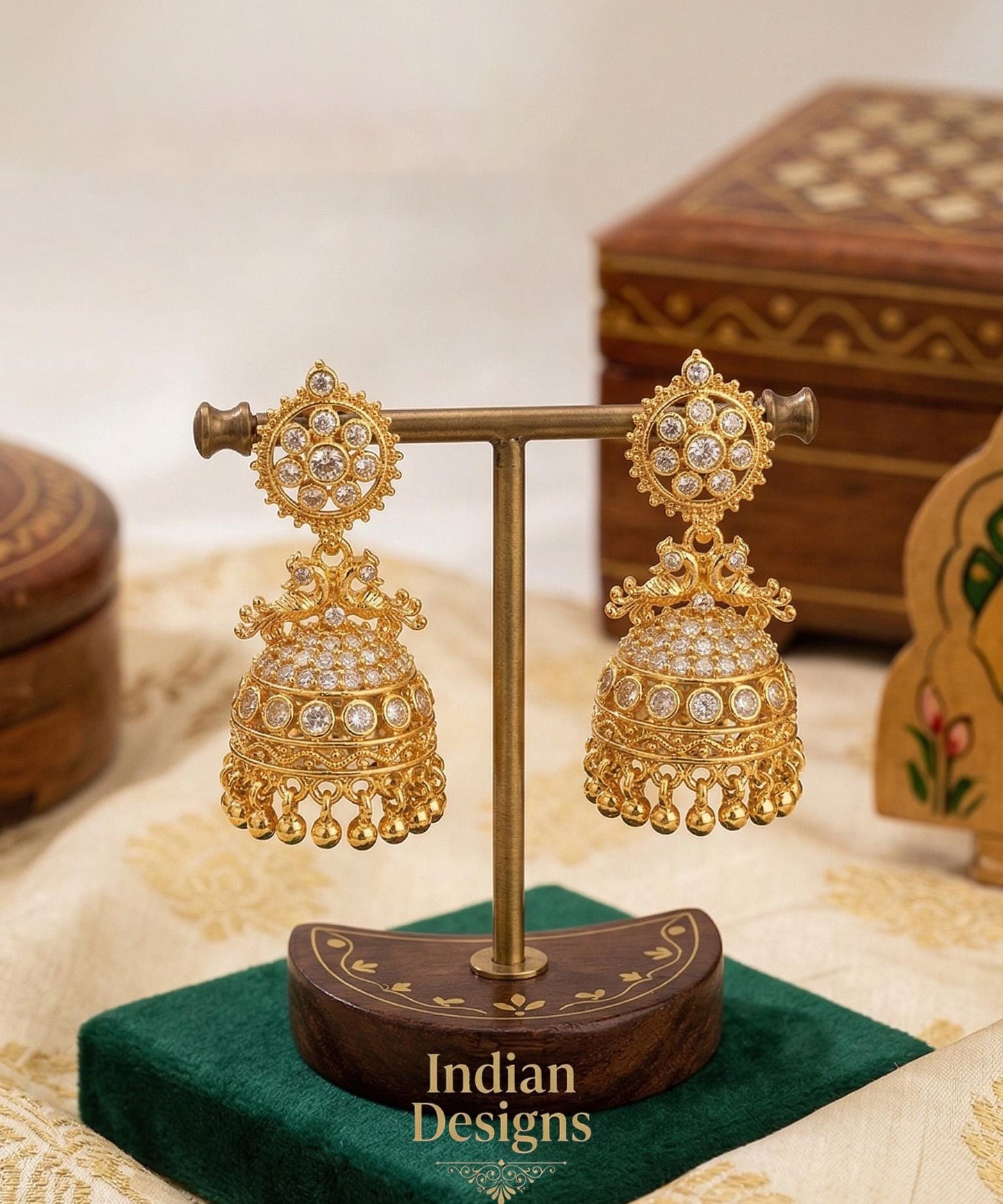 24K Gold Plated AD Jhumkas| Traditional South Indian Peacock jhumki| Ruby Emerald Temple Jewelry| Small Gold Jhumka Earrings| Gifts for Her