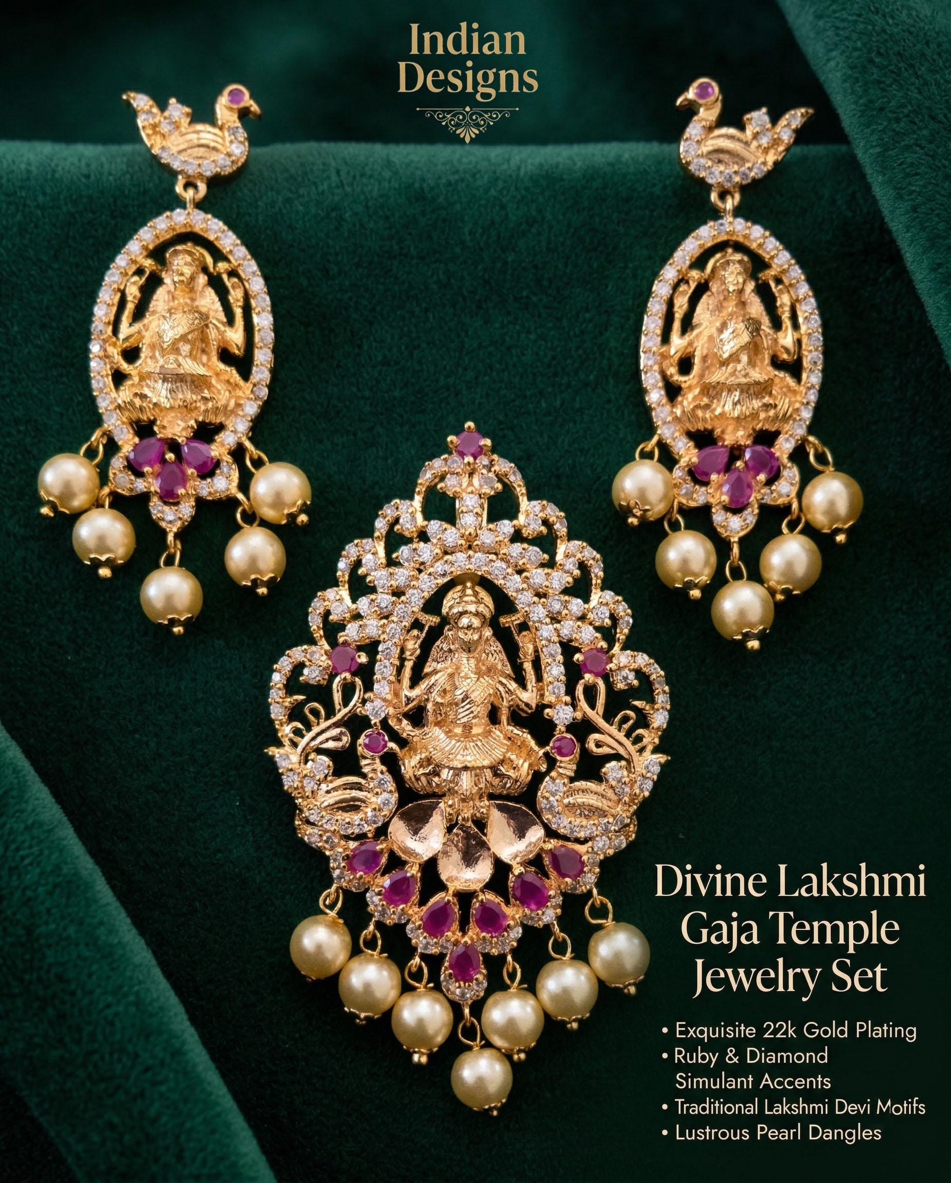 Lakshmi Temple Jewelry Pendant Set| Gold Plated Necklace Earrings| South Indian Bridal Jewelry| Ruby Green CZ Pearl Pendant Set|Gift for her