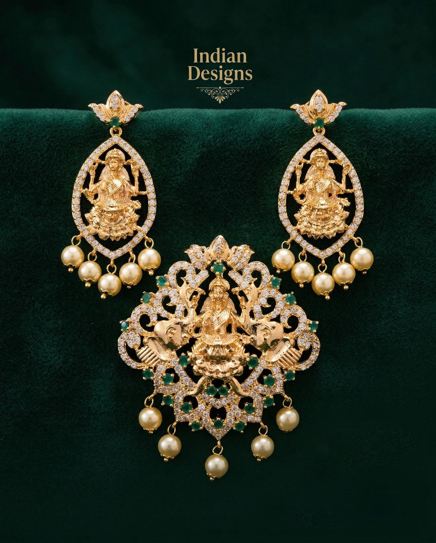 Lakshmi Temple Jewelry Pendant Set| Gold Plated Necklace Earrings| South Indian Bridal Jewelry| Ruby Green CZ Pearl Pendant Set|Gift for her