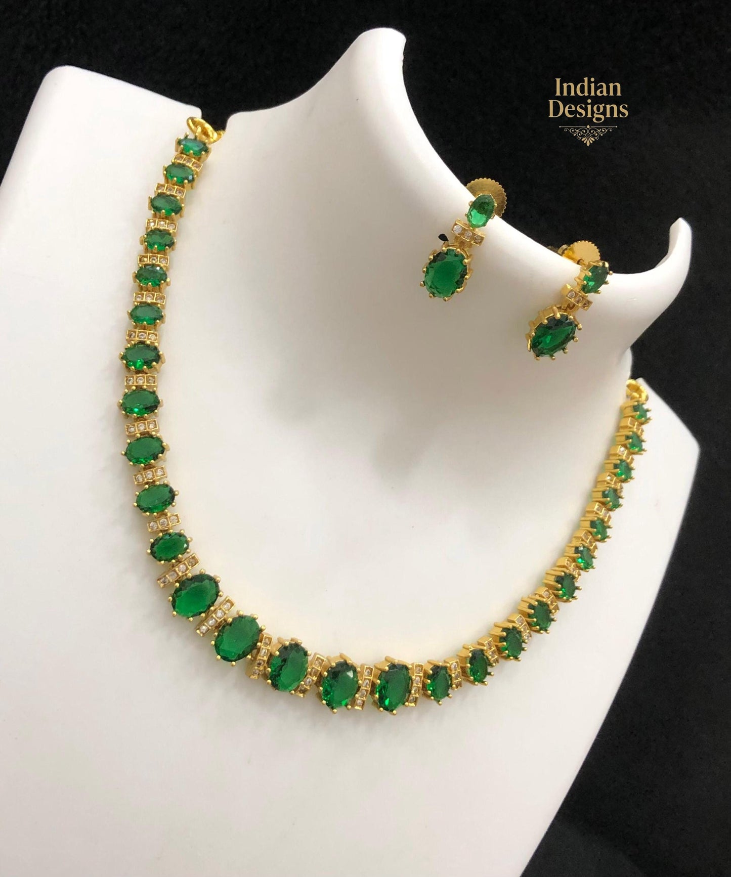 Oval CZ stone Tennis Necklace Set with Earrings| Gold Plated Jewelry Set in Blue, Green, Red, Purple CZ| Wedding Bridal Jewelry|Gift for Her