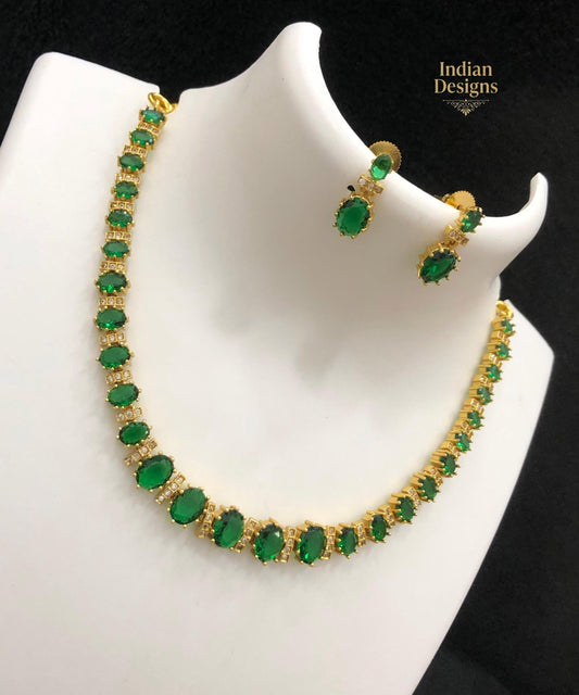 Oval CZ stone Tennis Necklace Set with Earrings| Gold Plated Jewelry Set in Blue, Green, Red, Purple CZ| Wedding Bridal Jewelry|Gift for Her