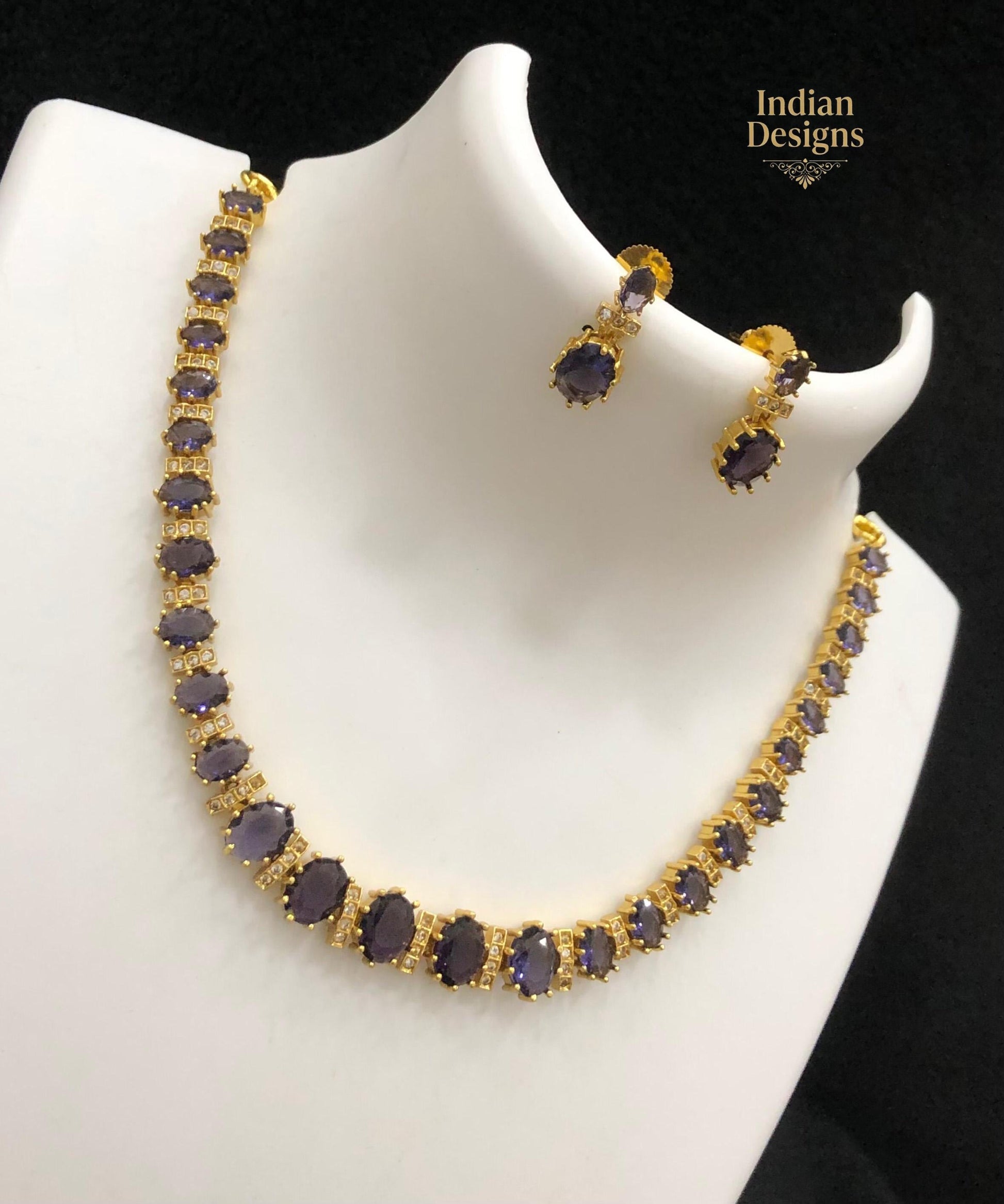 Oval CZ stone Tennis Necklace Set with Earrings| Gold Plated Jewelry Set in Blue, Green, Red, Purple CZ| Wedding Bridal Jewelry|Gift for Her