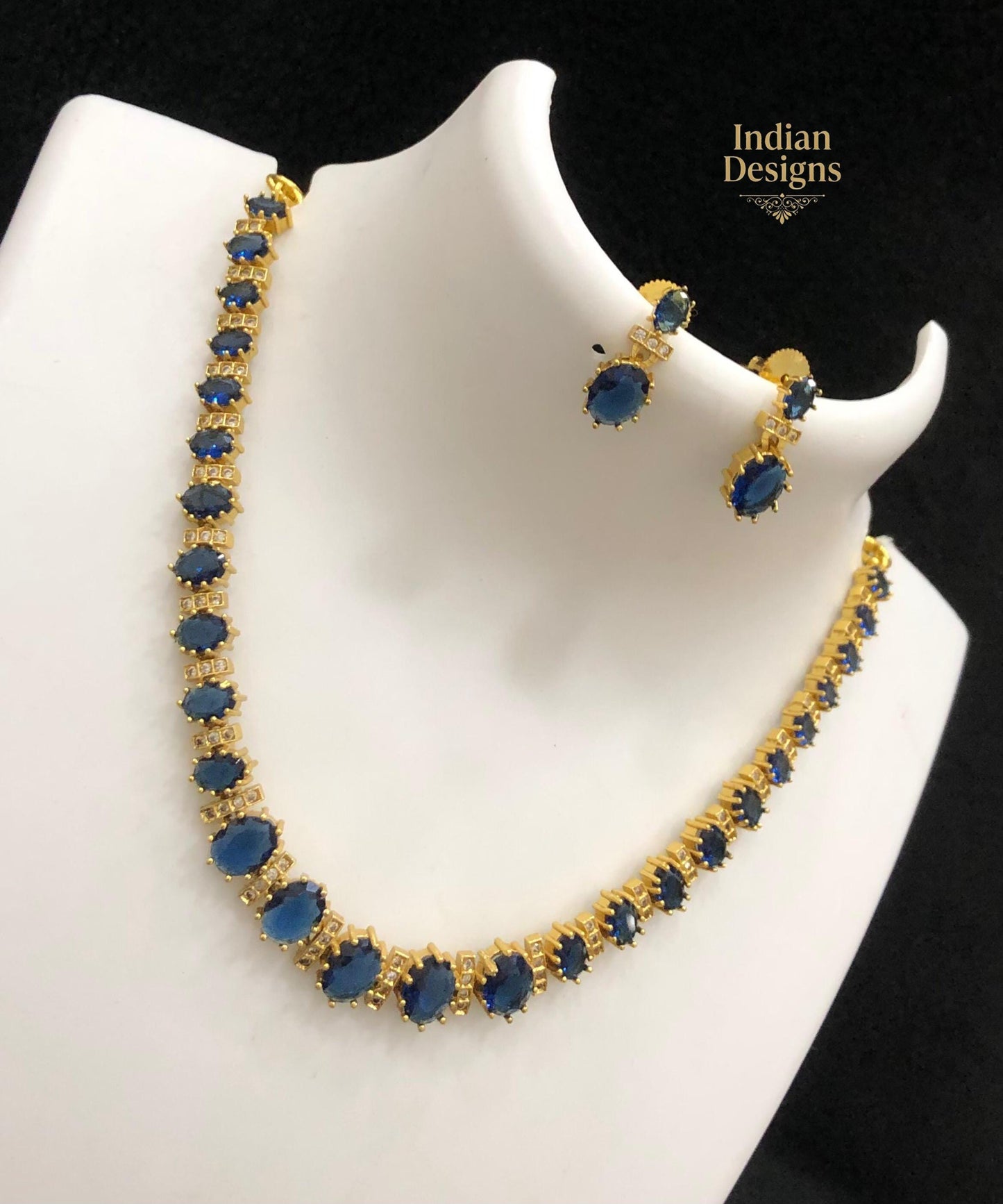 Oval CZ stone Tennis Necklace Set with Earrings| Gold Plated Jewelry Set in Blue, Green, Red, Purple CZ| Wedding Bridal Jewelry|Gift for Her