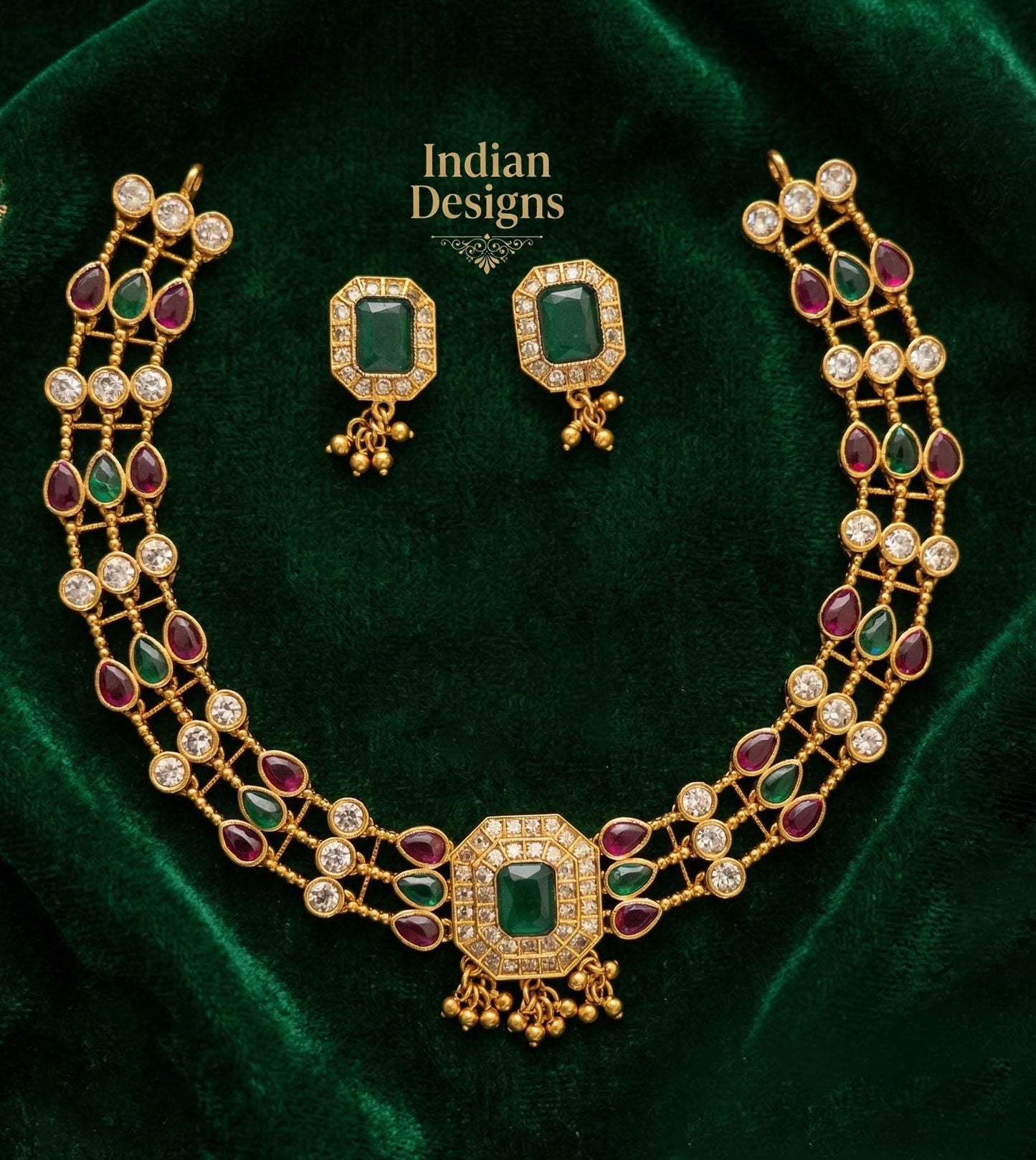 Traditional South Indian Choker| Matte Gold Emerald Ruby Necklace Set| Green Red Necklace Set| Kemp stone necklace Earrings| Gift for her
