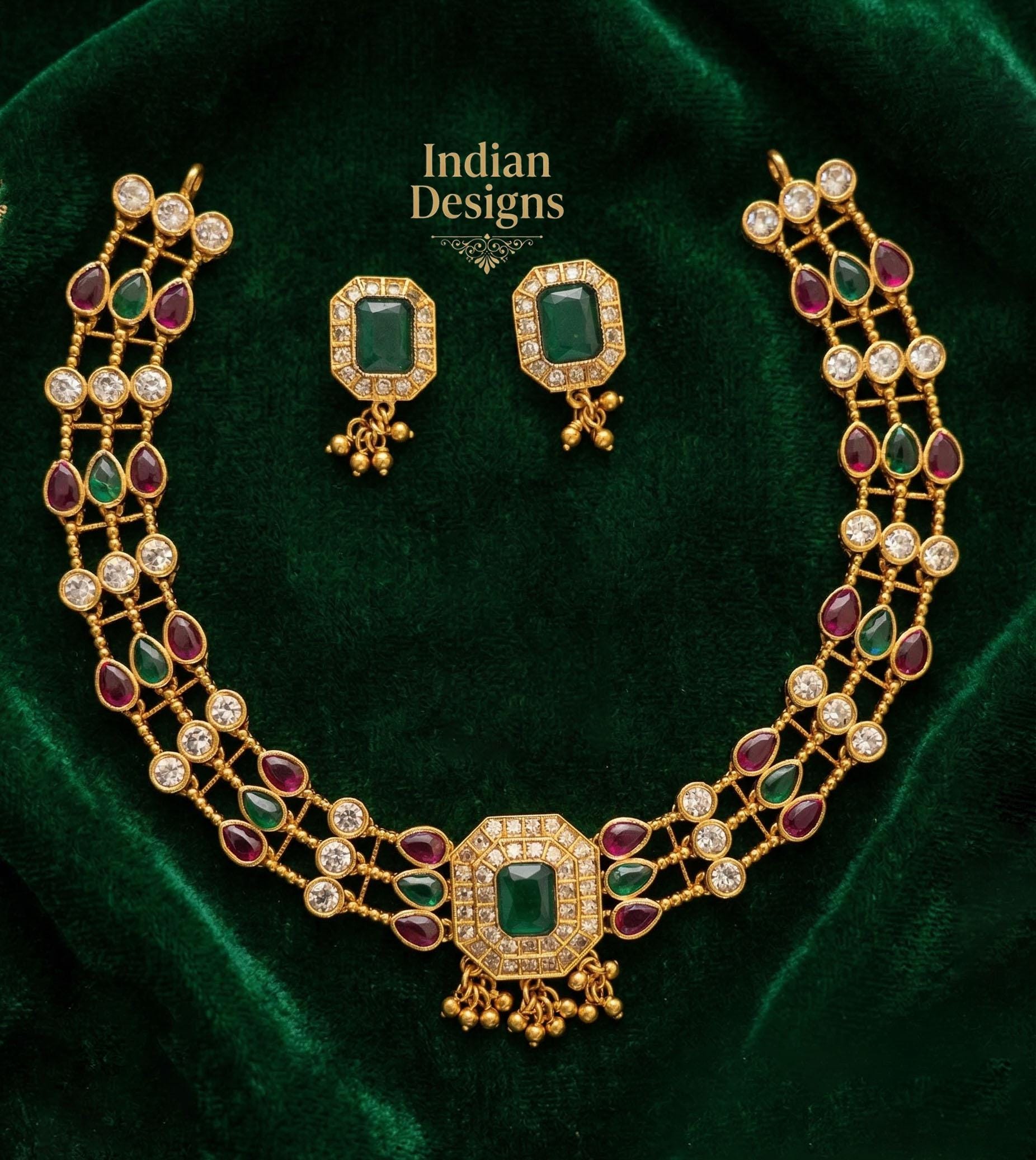 Traditional South Indian Choker| Matte Gold Emerald Ruby Necklace Set| Green Red Necklace Set| Kemp stone necklace Earrings| Gift for her