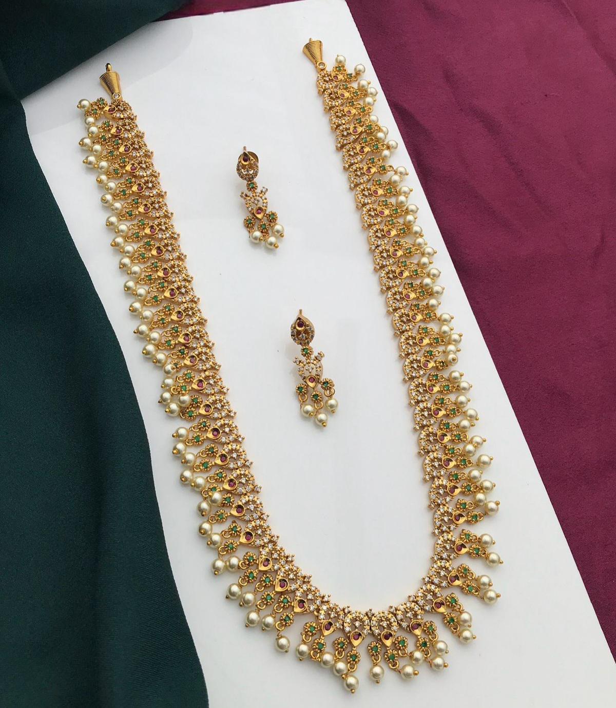 Gold Plated Ruby Green Flower Design Long necklace|South Indian Guttapusalu Necklace Earring set| Indian Bollywood Wedding Statement jewelry