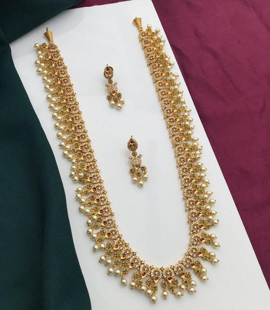 Gold Plated Ruby Green Flower Design Long necklace|South Indian Guttapusalu Necklace Earring set| Indian Bollywood Wedding Statement jewelry