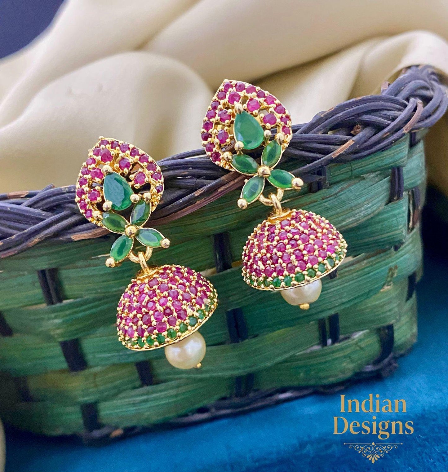 Gold Plated Small Peacock jhumka earrings | Gold tone Ad Bridal jhumka earrings | South Indian wedding earrings | AmericanDiamond earrings