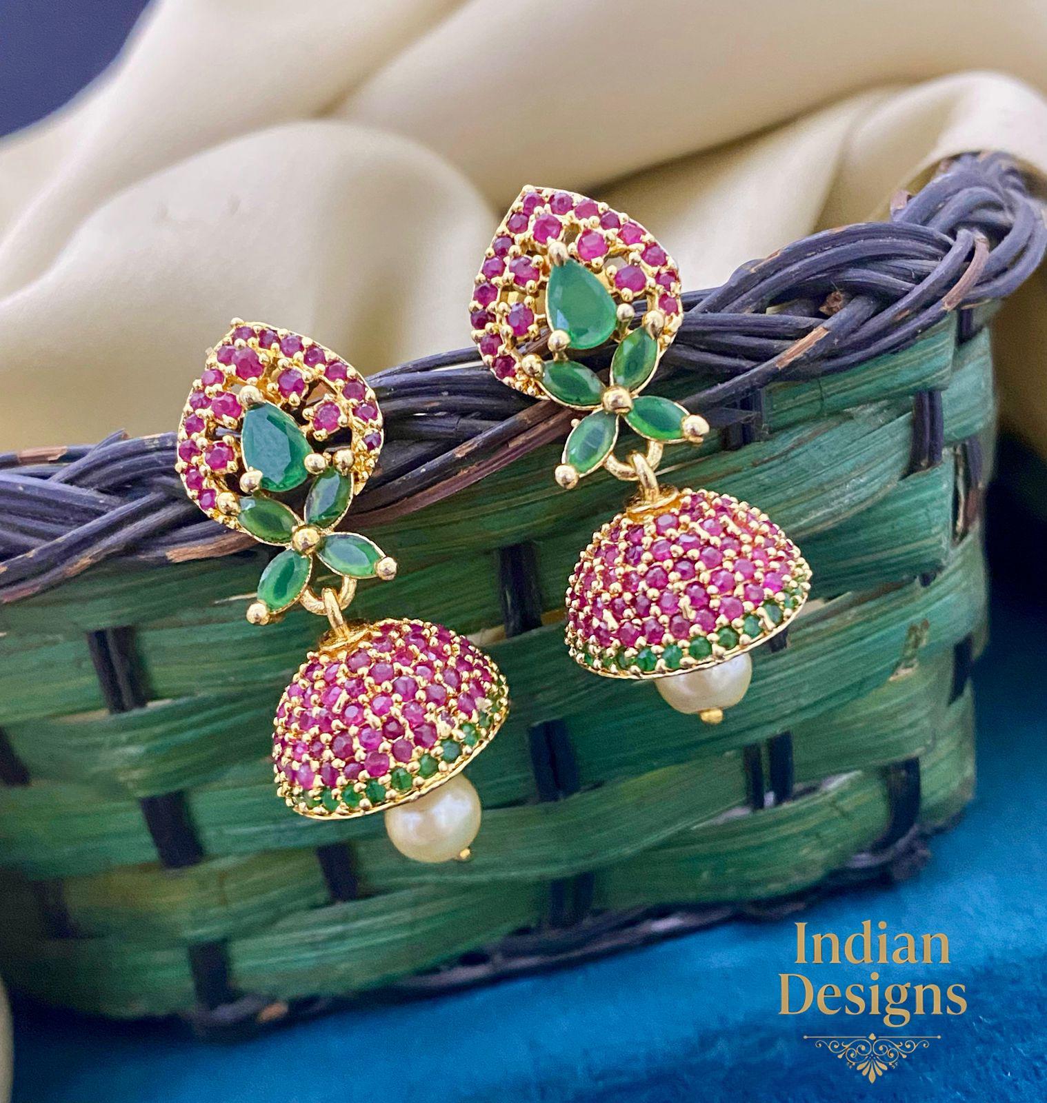 Gold Plated Small Peacock jhumka earrings | Gold tone Ad Bridal jhumka earrings | South Indian wedding earrings | AmericanDiamond earrings