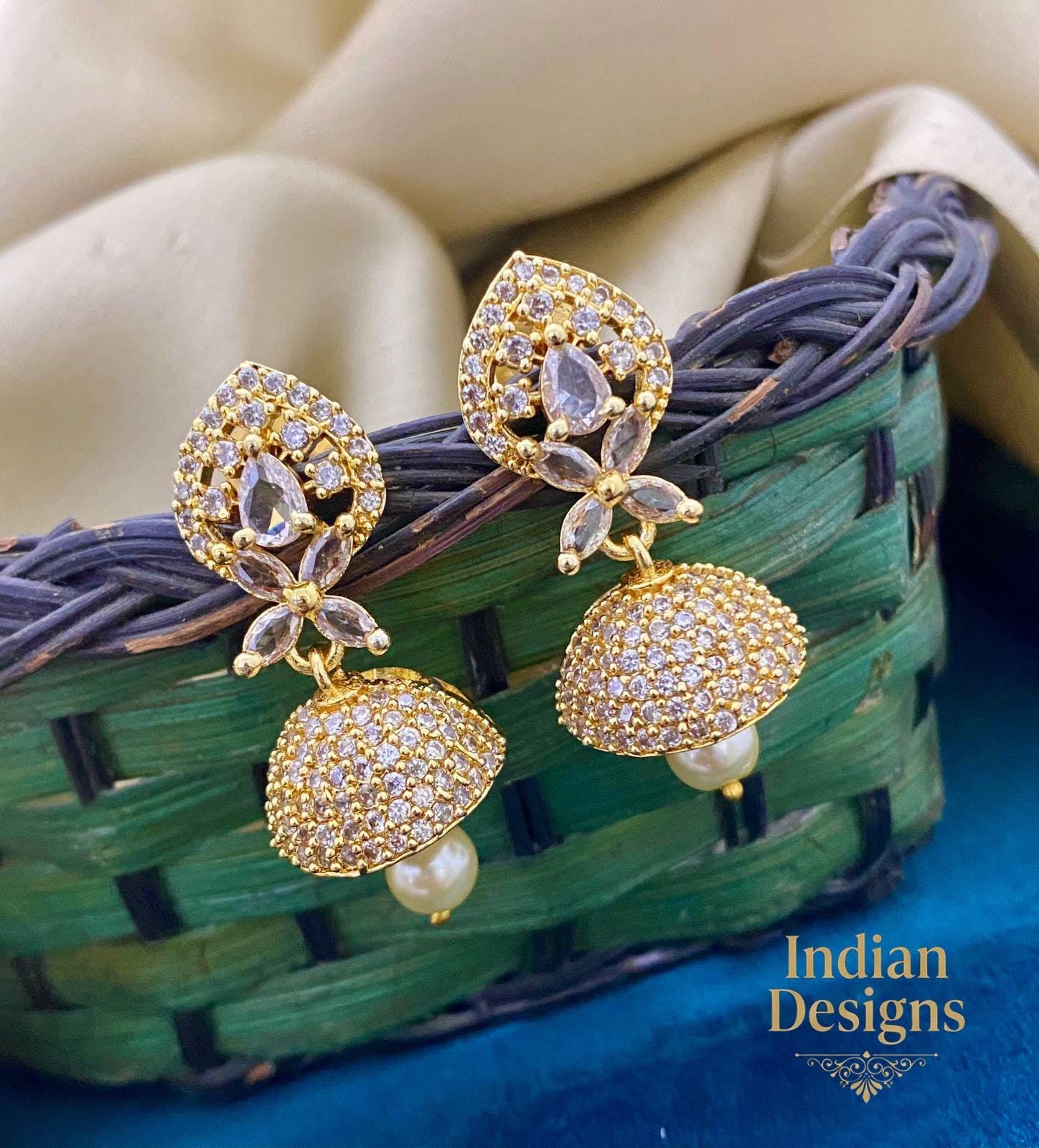 Gold Plated Small Peacock jhumka earrings | Gold tone Ad Bridal jhumka earrings | South Indian wedding earrings | AmericanDiamond earrings