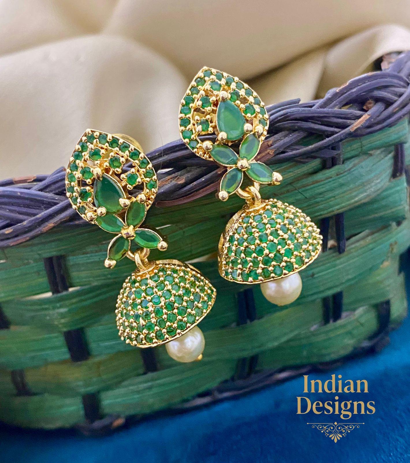 Gold Plated Small Peacock jhumka earrings | Gold tone Ad Bridal jhumka earrings | South Indian wedding earrings | AmericanDiamond earrings