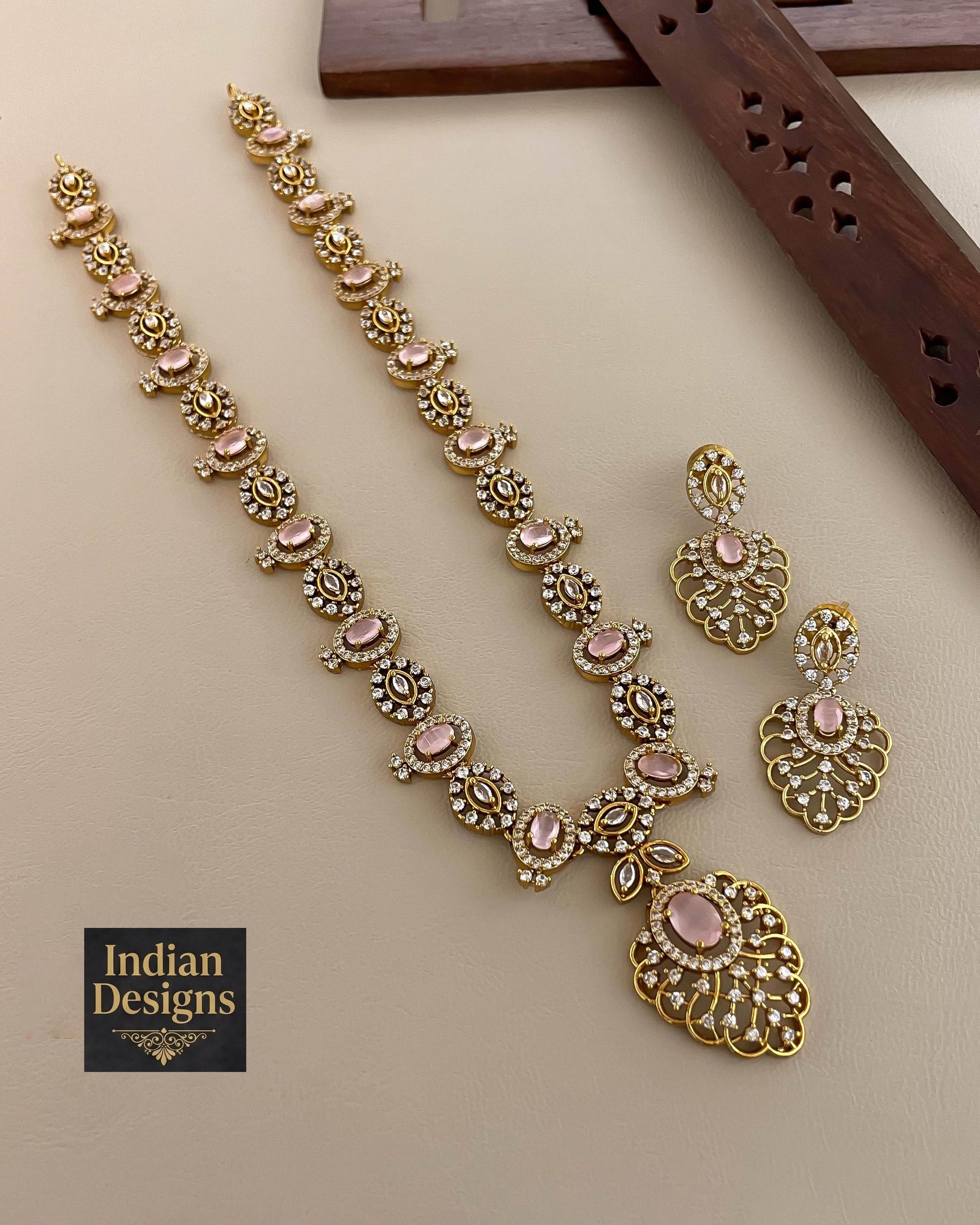 Ruby & Emerald AD Stone Necklace Set| Matte Gold Finish Bridal Jewelry| Long Haram Necklace with Earrings| Indian Wedding Jewelry| Gift set