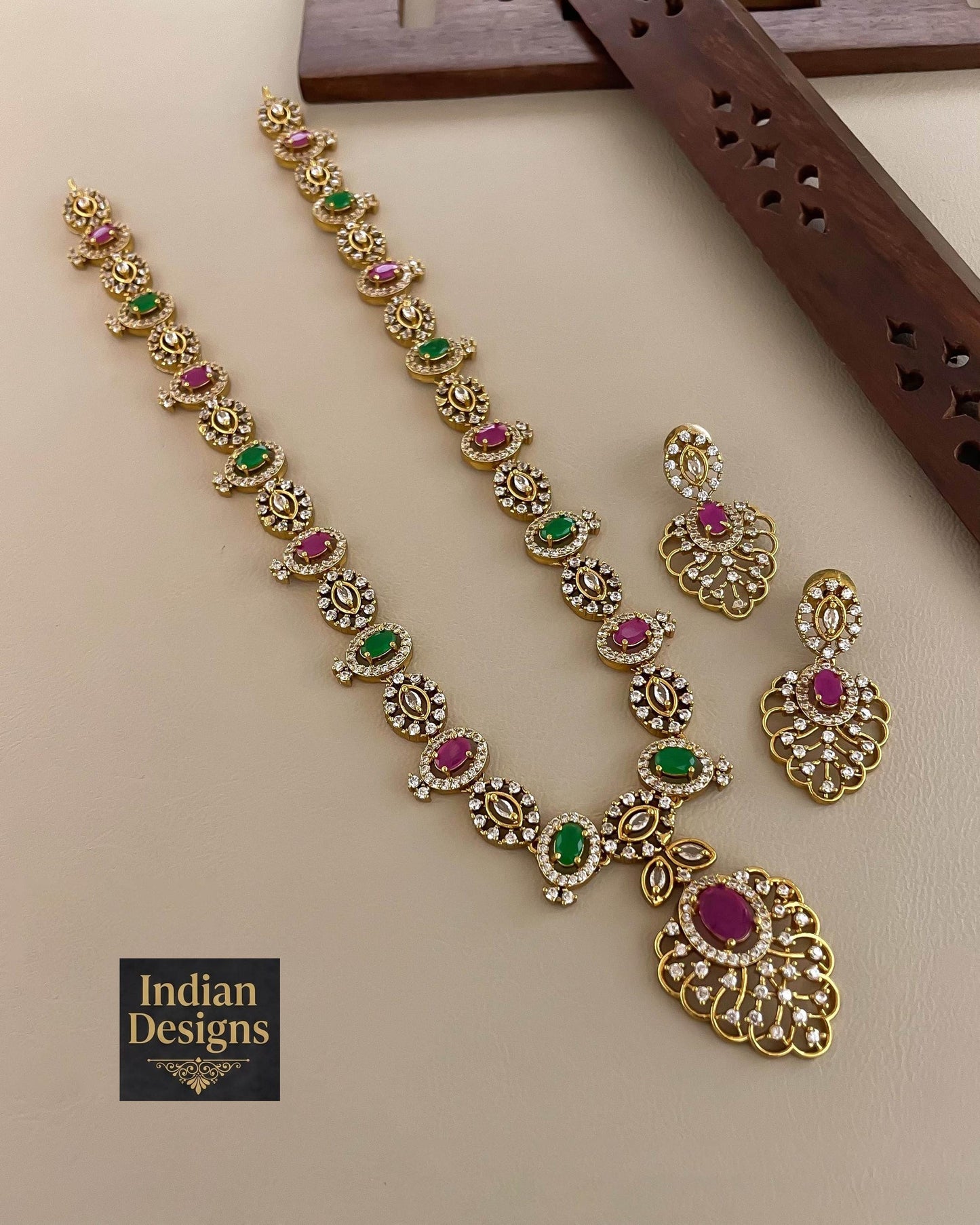 Ruby & Emerald AD Stone Necklace Set| Matte Gold Finish Bridal Jewelry| Long Haram Necklace with Earrings| Indian Wedding Jewelry| Gift set