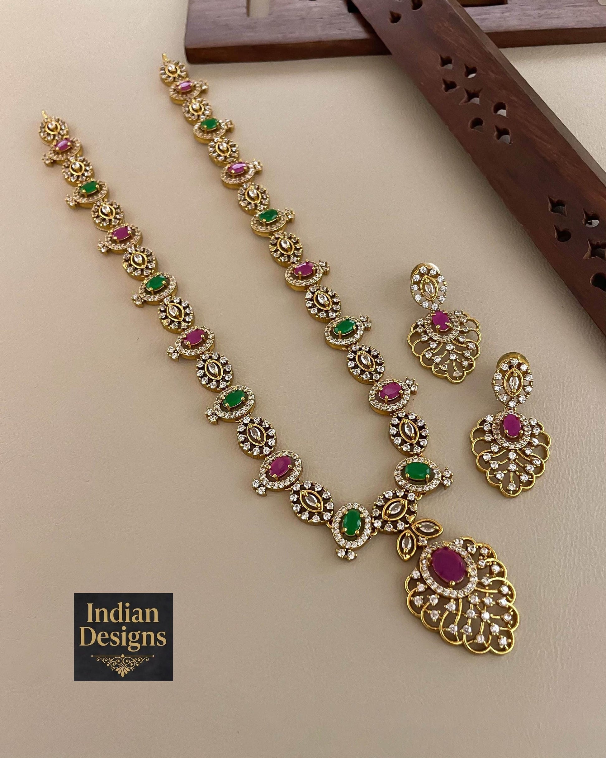 Ruby & Emerald AD Stone Necklace Set| Matte Gold Finish Bridal Jewelry| Long Haram Necklace with Earrings| Indian Wedding Jewelry| Gift set