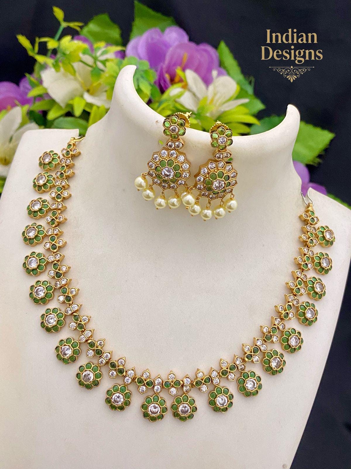 Kemp Stone Necklace Set with Jhumka Earrings| Antique Gold Plated Choker for Weddings| Guttapusalu Style Floral Jewelry Set | Gift for Her