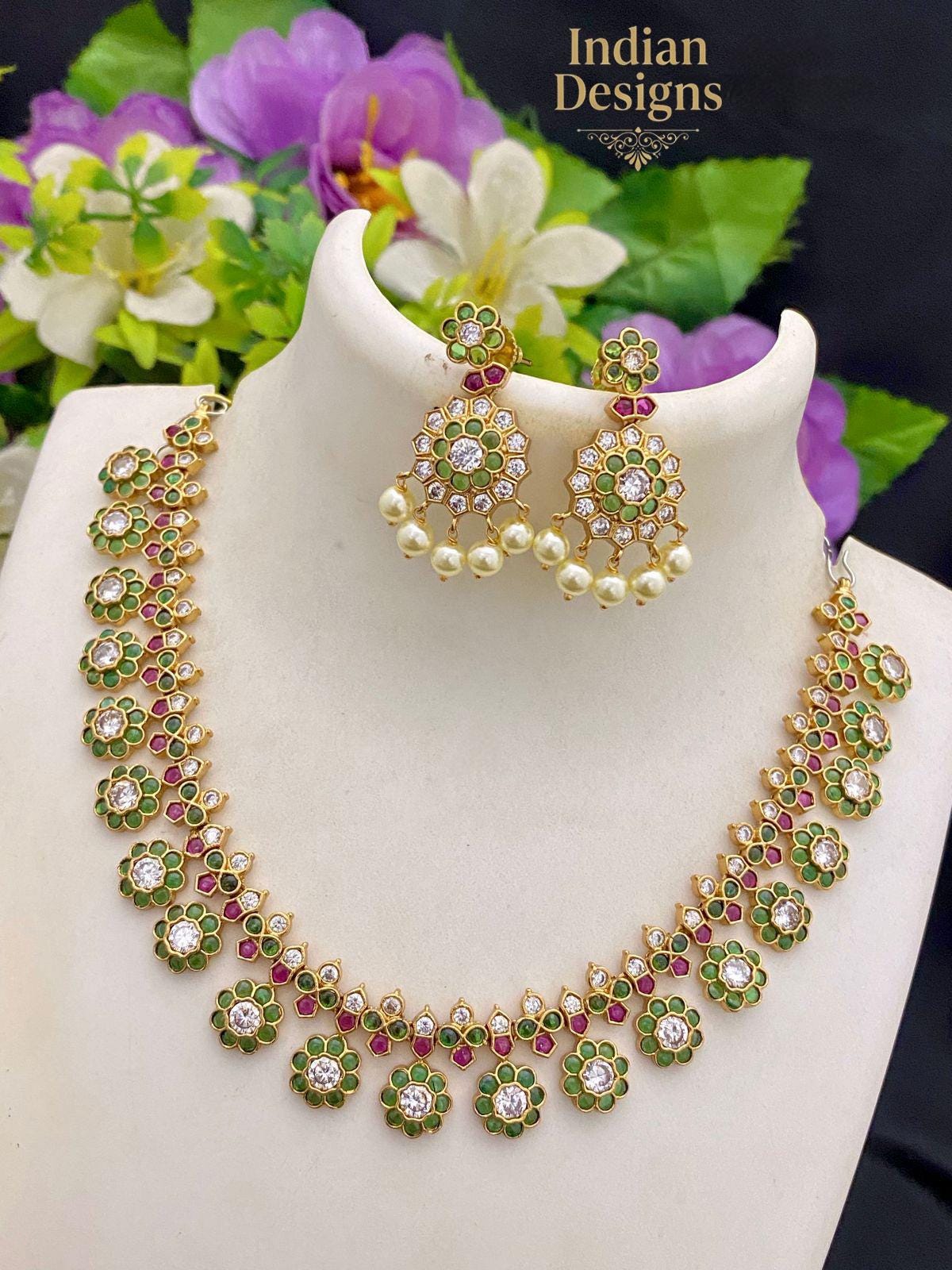 Kemp Stone Necklace Set with Jhumka Earrings| Antique Gold Plated Choker for Weddings| Guttapusalu Style Floral Jewelry Set | Gift for Her