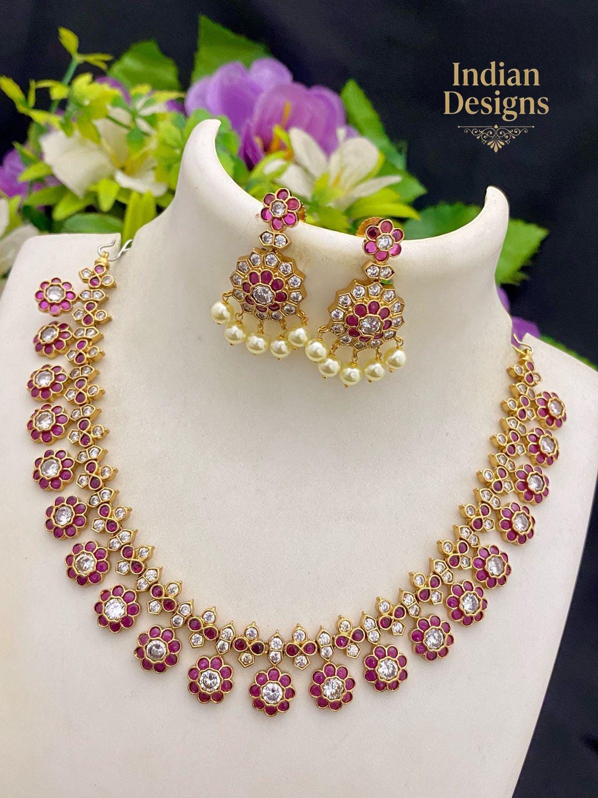 Kemp Stone Necklace Set with Jhumka Earrings| Antique Gold Plated Choker for Weddings| Guttapusalu Style Floral Jewelry Set | Gift for Her