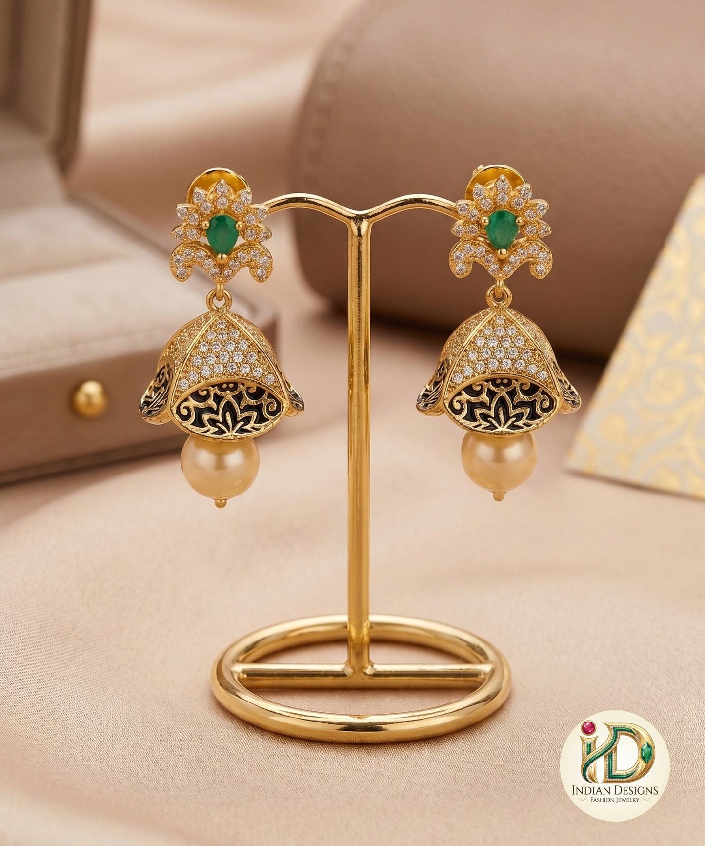 American Diamond Hot Pink CZ Fashion Jewelry Pearls Jhumka Earrings For Women|Classic CZ Golden Stone Ethnic Traditional Indian Earrings