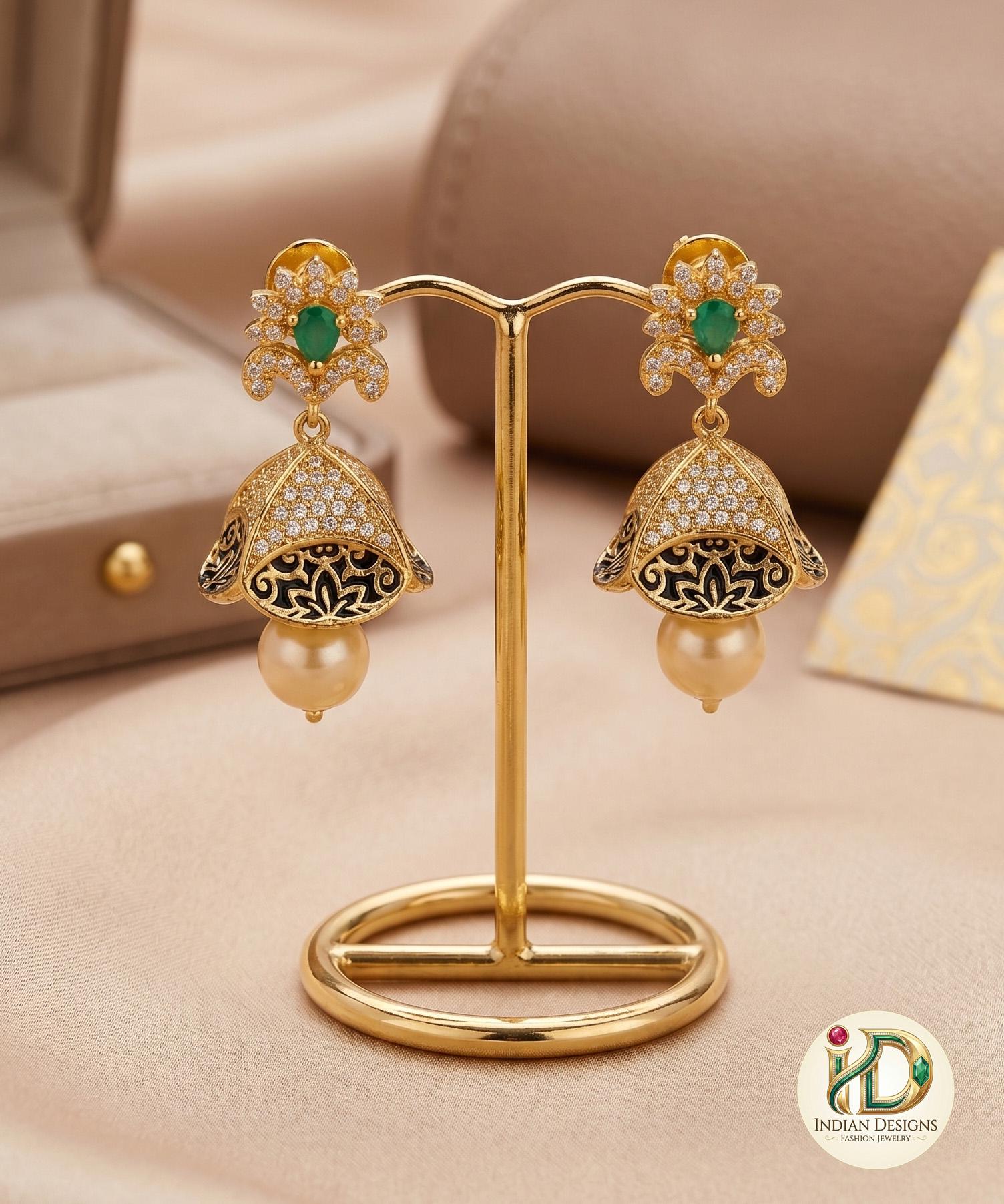 American Diamond Hot Pink CZ Fashion Jewelry Pearls Jhumka Earrings For Women|Classic CZ Golden Stone Ethnic Traditional Indian Earrings