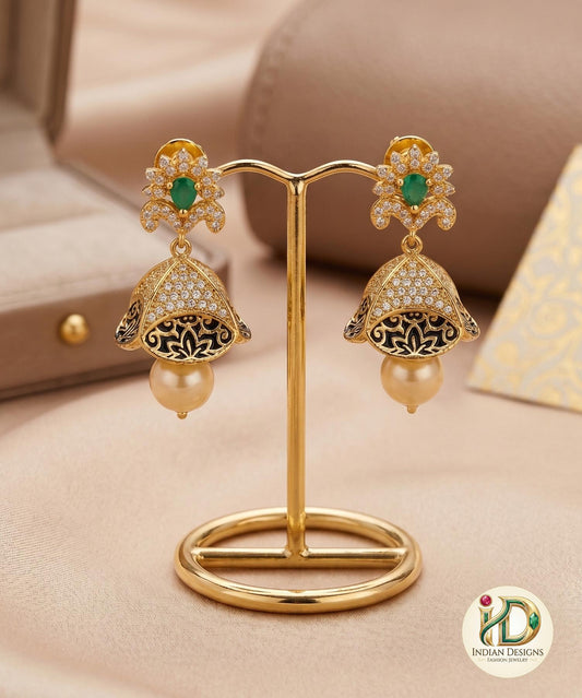 American Diamond Hot Pink CZ Fashion Jewelry Pearls Jhumka Earrings For Women|Classic CZ Golden Stone Ethnic Traditional Indian Earrings