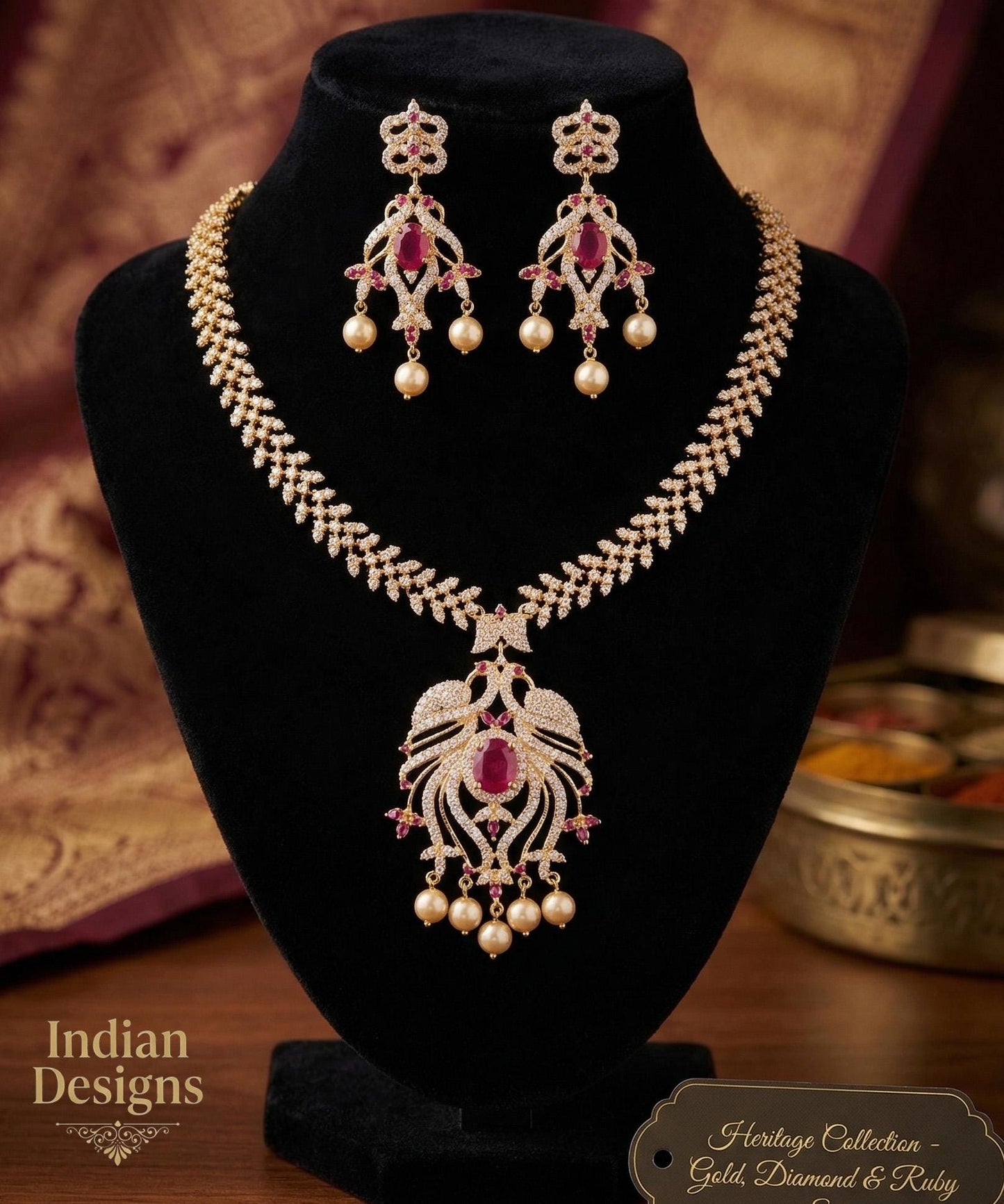 Pearl Drop American Diamond Necklace Earring set| Ruby & Green AD stone Necklace| Statement Indian Jewelry| Party wear necklace|Gift for her