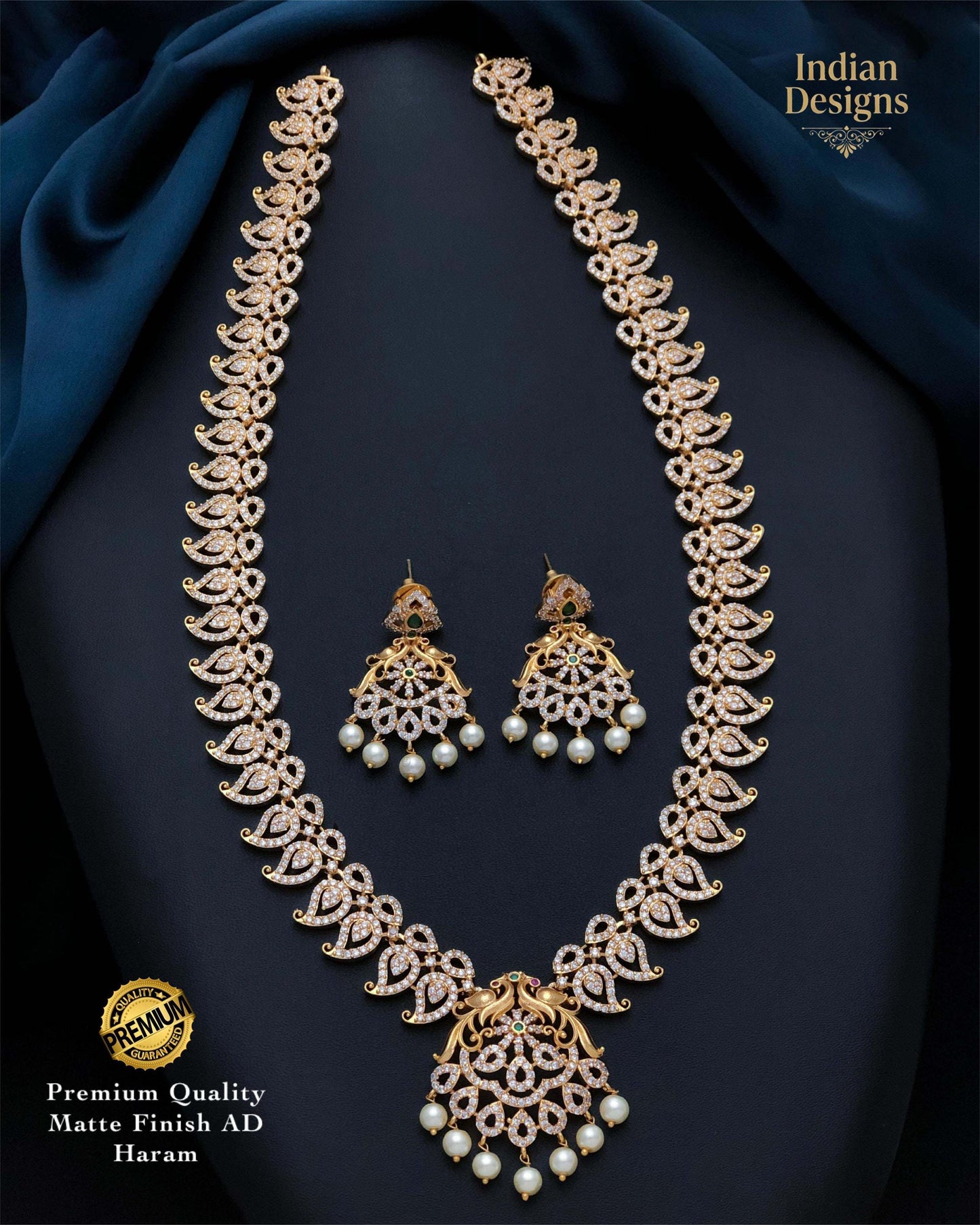 Matte Gold AD Haram Long Necklace & Earring Set| Temple Jewelry with Peacock Pendant| Indian Wedding Traditional Guttapusalu Style Necklace