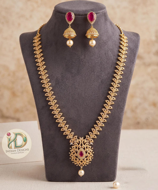 South Indian Long Haram Necklace & Jhumka Earrings| Traditional Gold Plated Bridal Jewellery| Guttapusalu Style Wedding Jewelry • Ruby Set