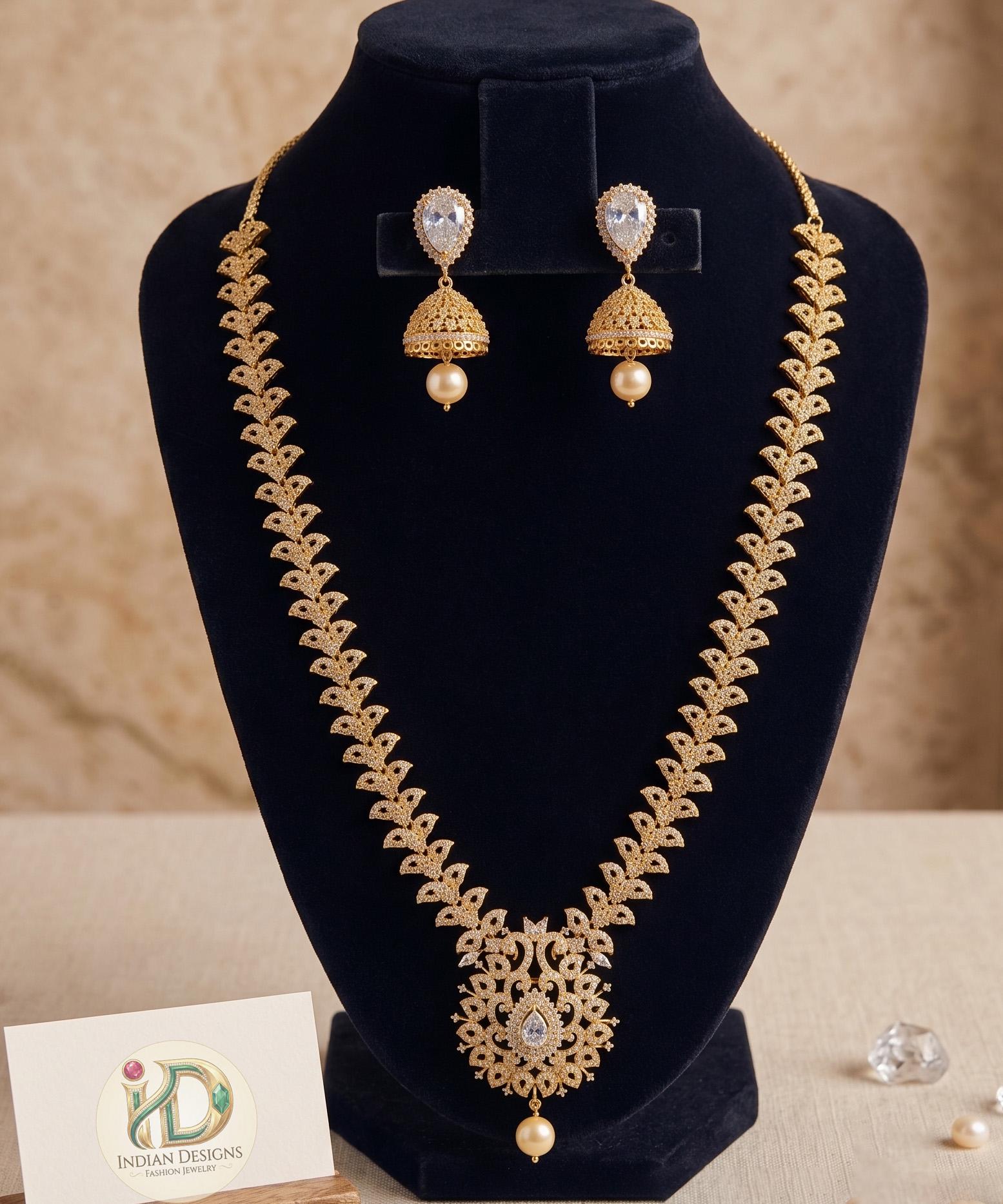 South Indian Long Haram Necklace & Jhumka Earrings| Traditional Gold Plated Bridal Jewellery| Guttapusalu Style Wedding Jewelry • Ruby Set